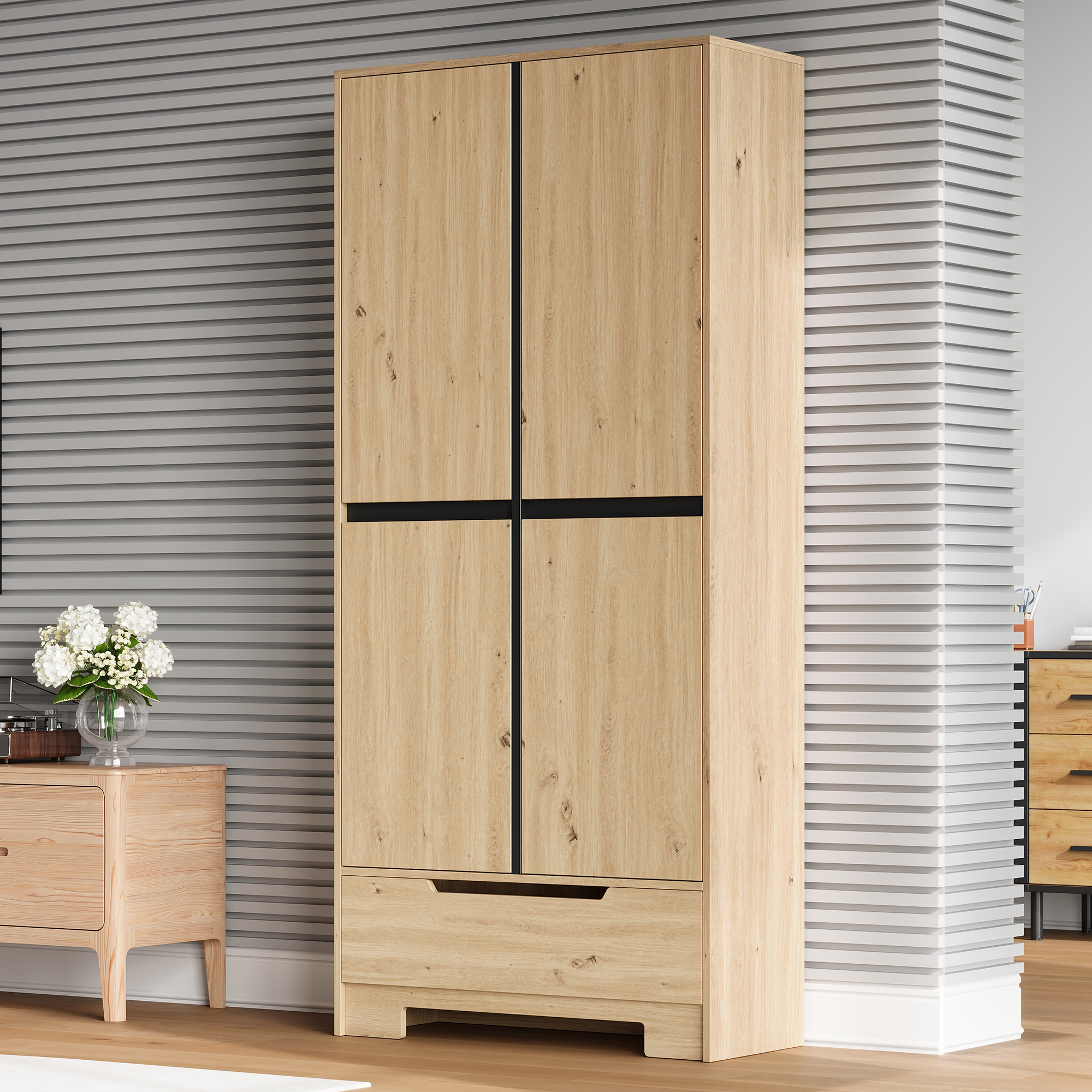 Buffet de cuisine, étagères réglables, 1 tiroir, 80 x 35 x 180 cm, MDF, bois naturel - vue 4