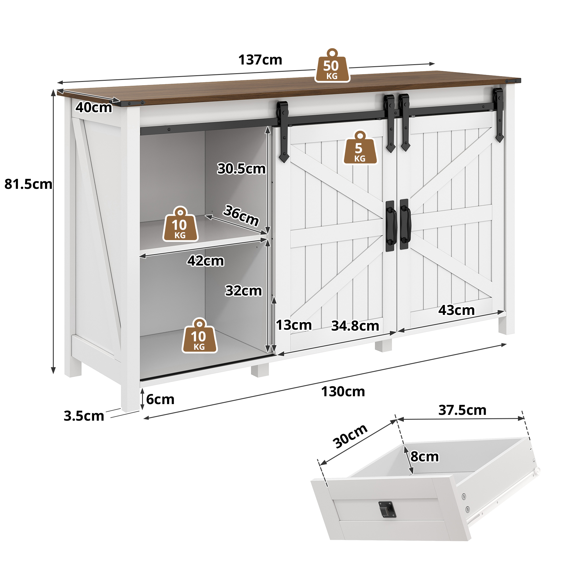 Buffet, rangement intégré, avec tiroirs, 137 x 40 x 81,5 cm, MDF, blanc - vue 1