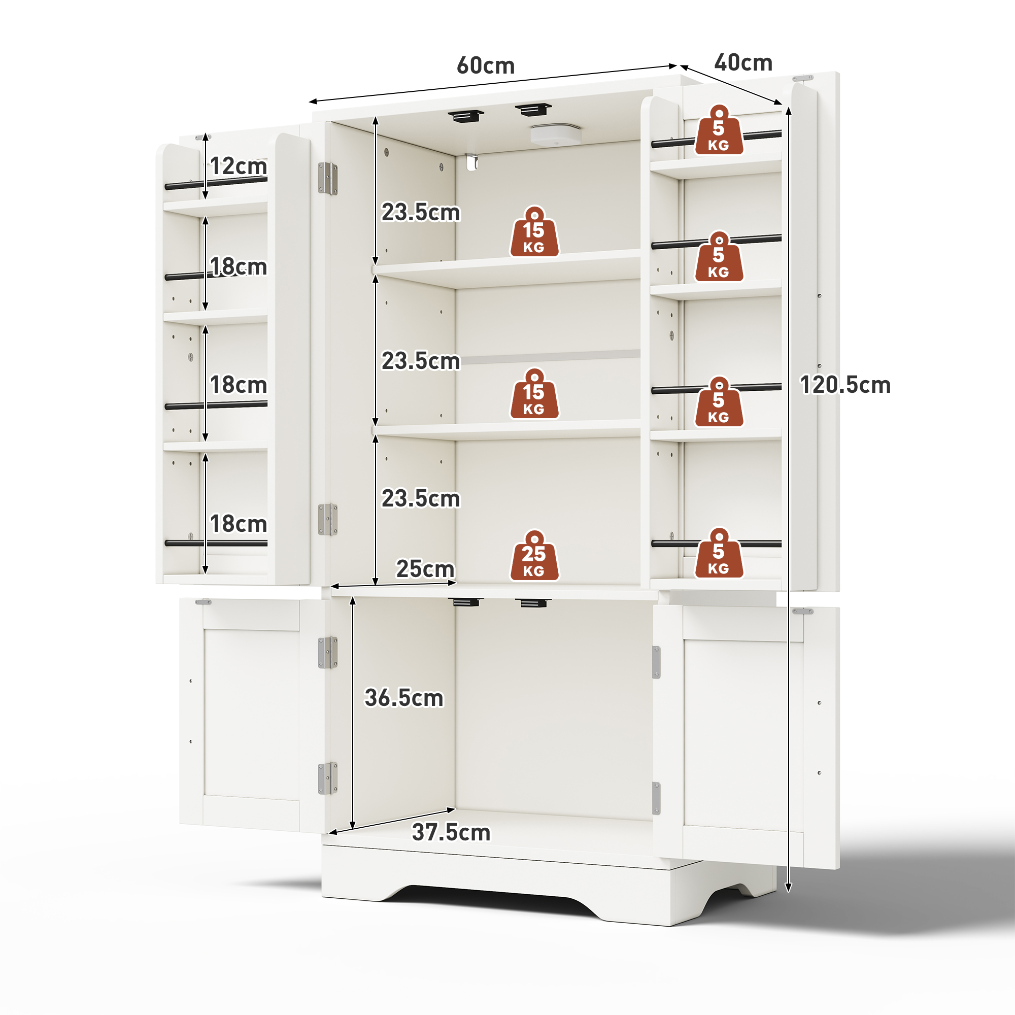 Buffet de rangement, étagères réglables, éclairage led, 60 x 40 x 120 cm, MDF, blanc - vue 5
