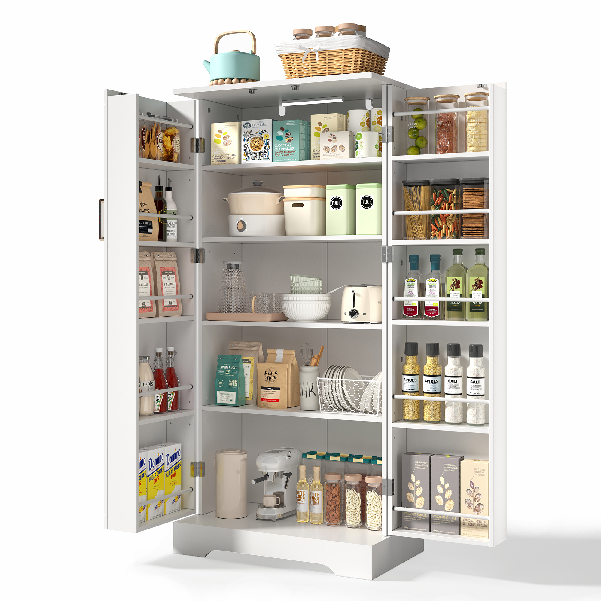 Armoire de cuisine compacte 60×35×128 cm avec LED capteur USB, 5 niveaux intérieurs, portes avec 10 étagères, pour petite cuisine, beaucoup de rangement, éclairage automatique, design moderne, stabilité, fonctionnalité, durabilité - image 26