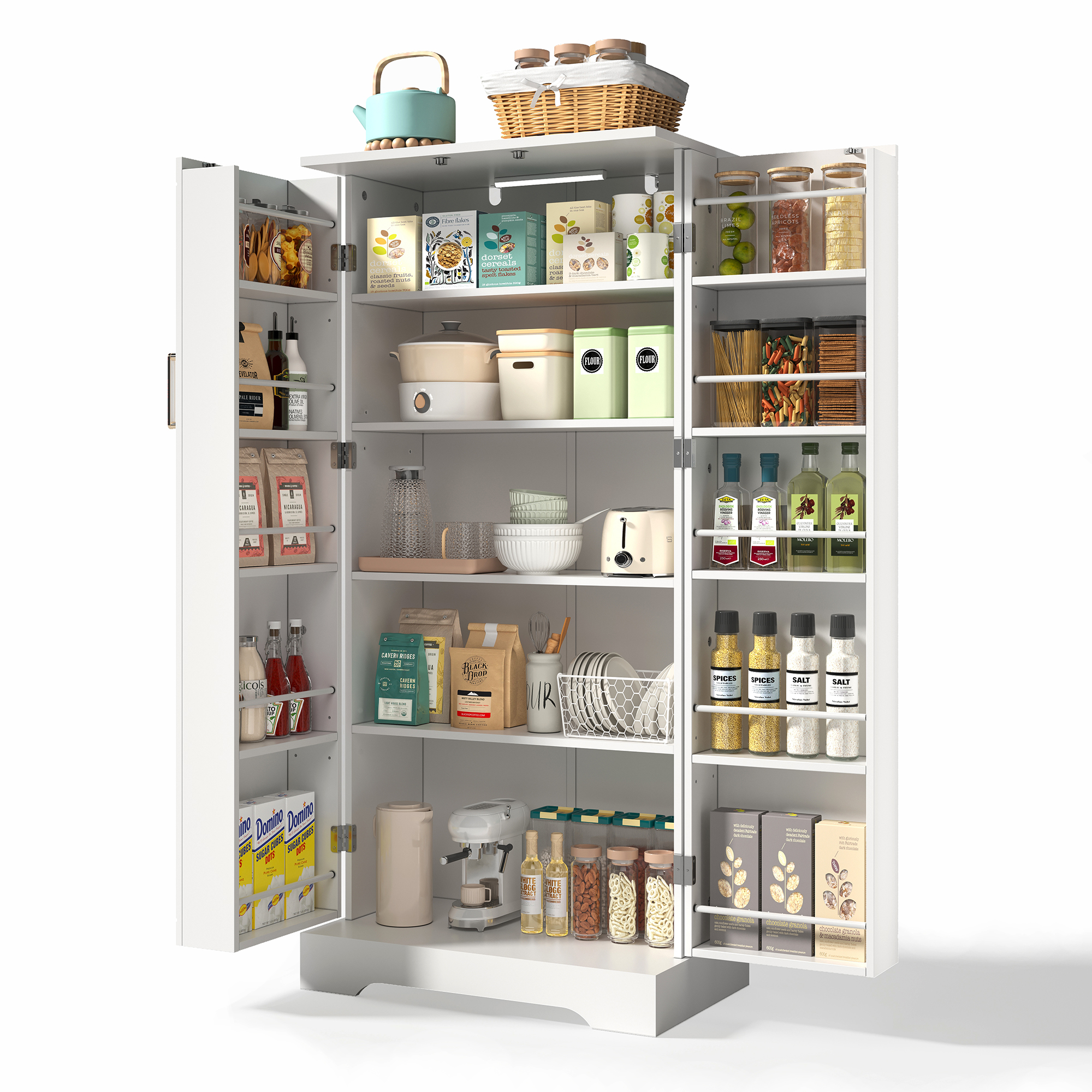Armoire de cuisine compacte 60×35×128 cm avec LED capteur USB, 5 niveaux intérieurs, portes avec 10 étagères, pour petite cuisine, beaucoup de rangement, éclairage automatique, design moderne, stabilité, fonctionnalité, durabilité - image 5
