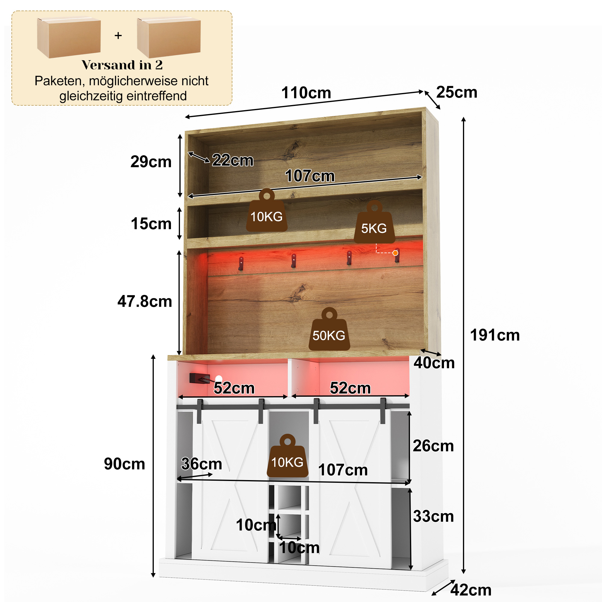 Vitrine, éclairage led, prises et recharge intégrées, 110 x 40 x 191 cm, MDF, bois naturel - vue 1