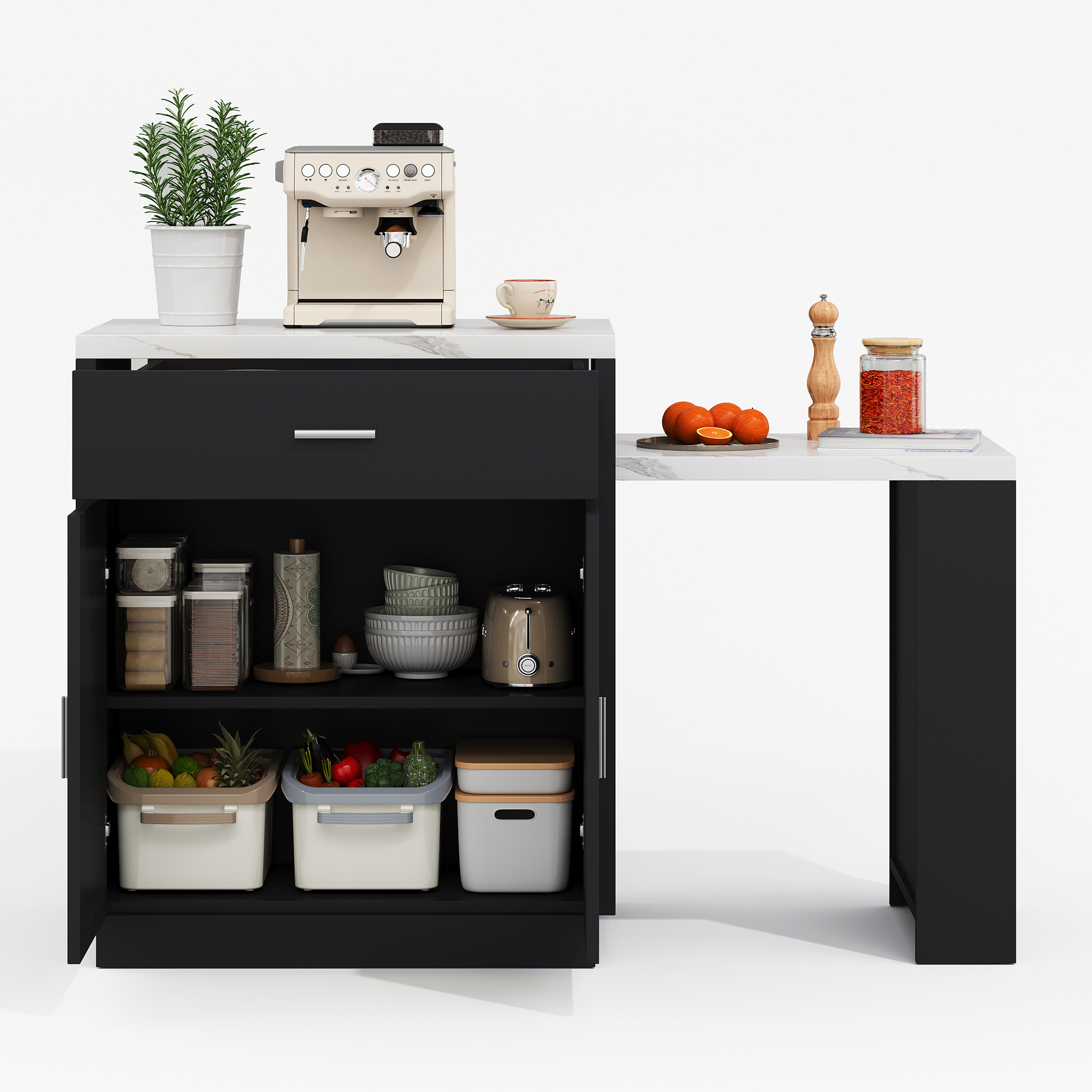 Îlot de cuisine avec table escamotable 131 cm max (2-6 personnes), prise CE 2×220-250V + 2 USB, zone préparation 80×55 cm, pour petit espace, design multifonction, beaucoup de rangement, stabilité, style moderne, fonctionnalité - image 19