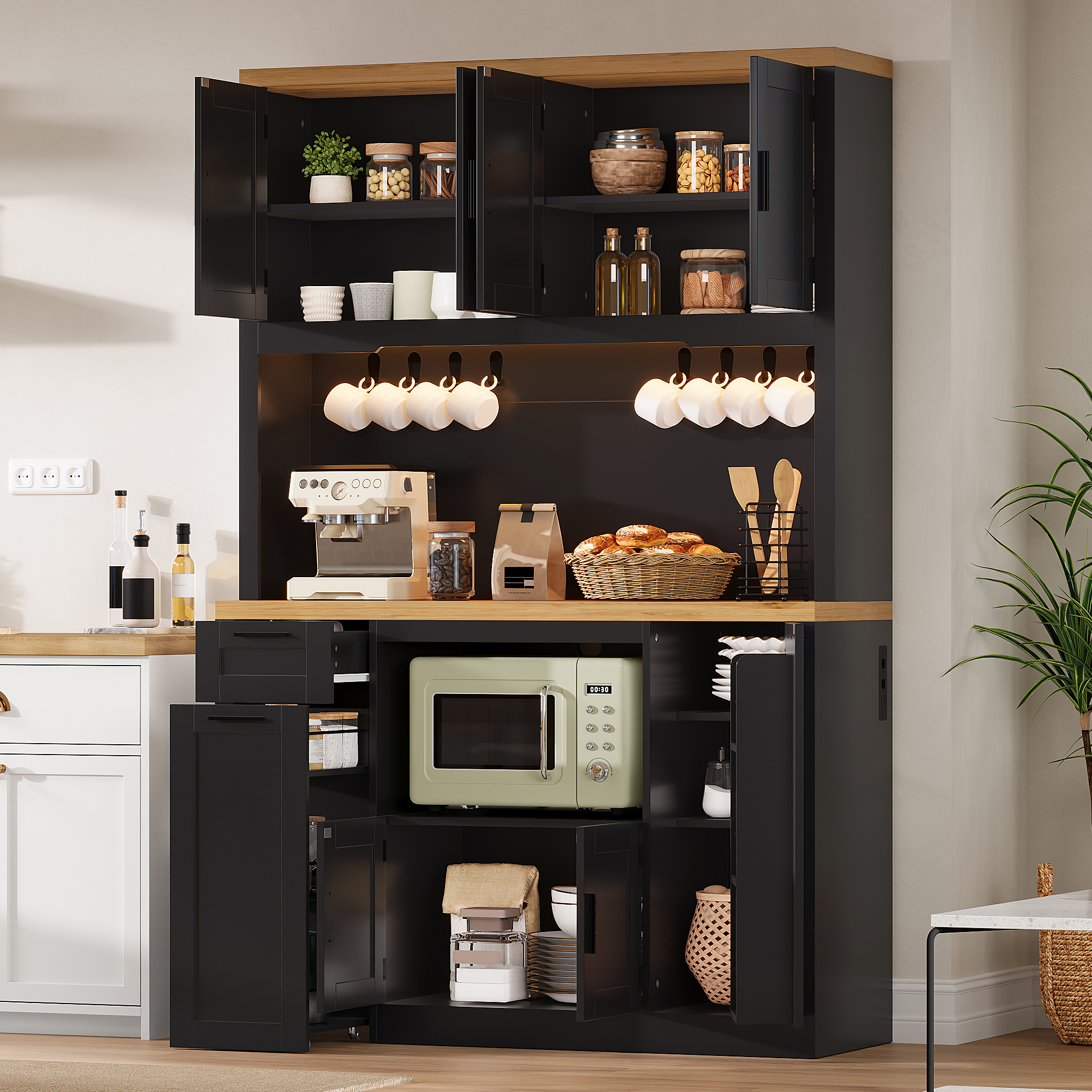 Vitrine, avec tiroirs, étagères réglables, éclairage led, 120 x 40 x 182 cm, MDF, bois naturel - vue 2