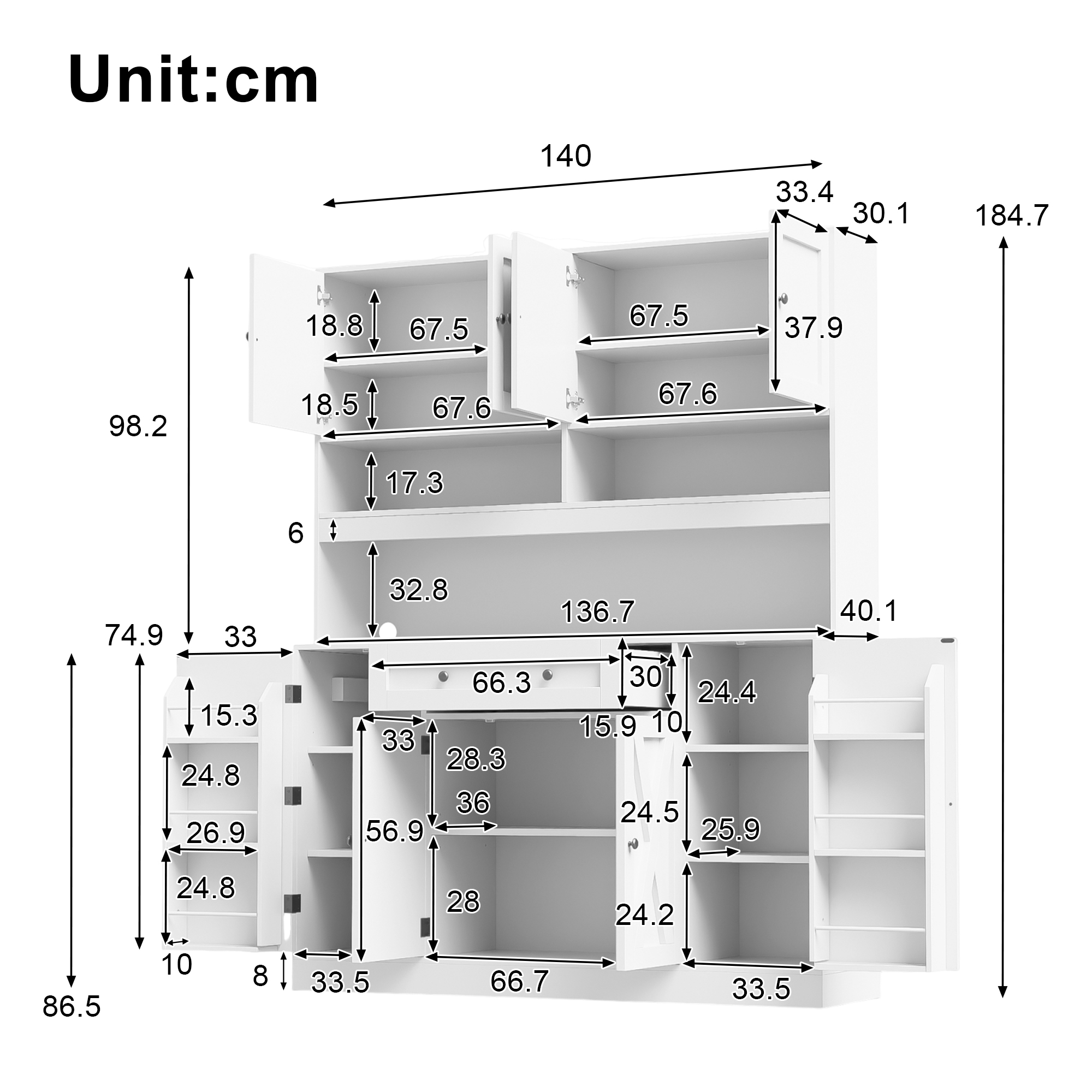 Buffet, avec tiroirs, étagères réglables, 140 x 40 x 185 cm, MDF, blanc - vue 1