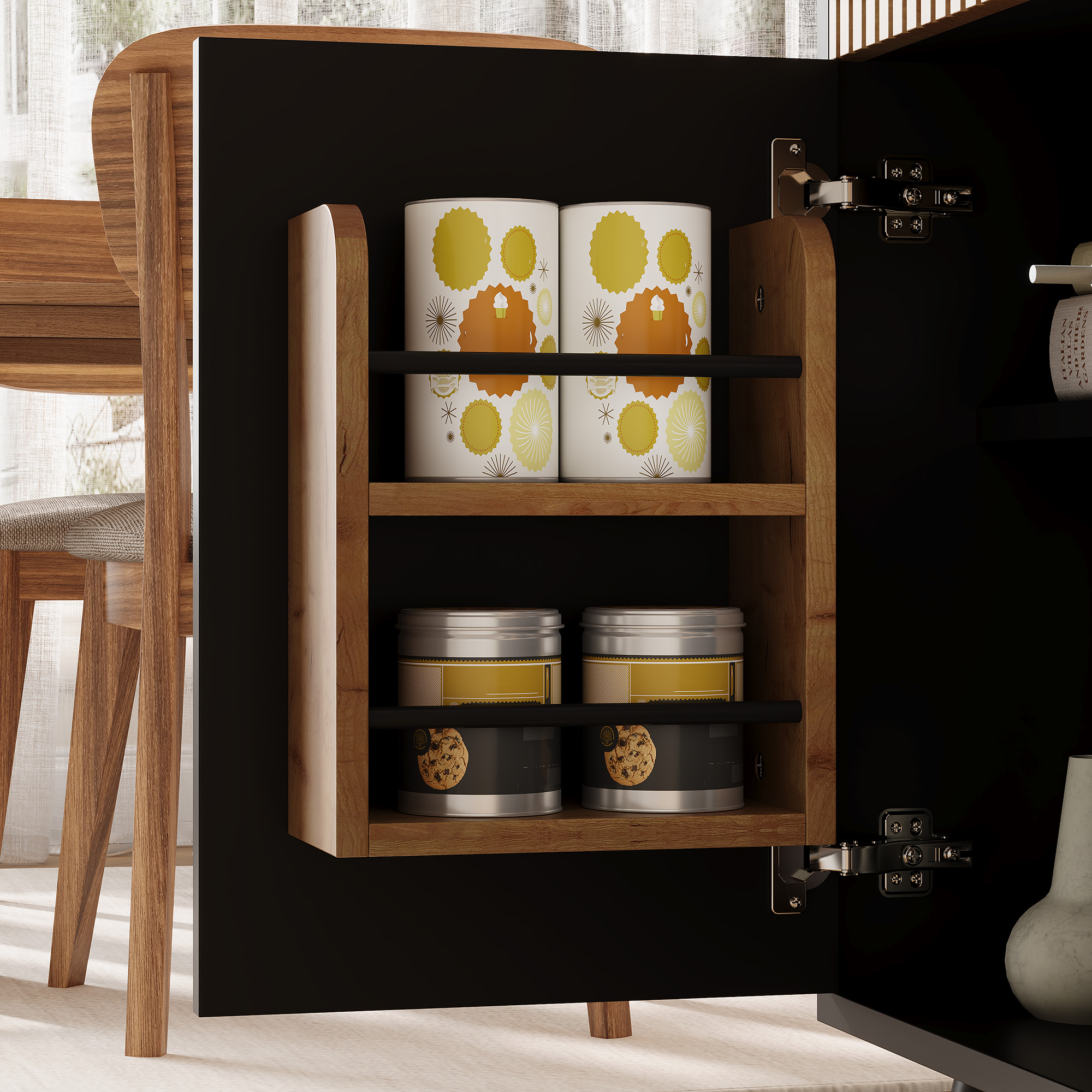 Buffet de cuisine, étagères réglables, 4 tiroirs, 130 x 38 x 85 cm, MDF, bois naturel et noir - vue 8