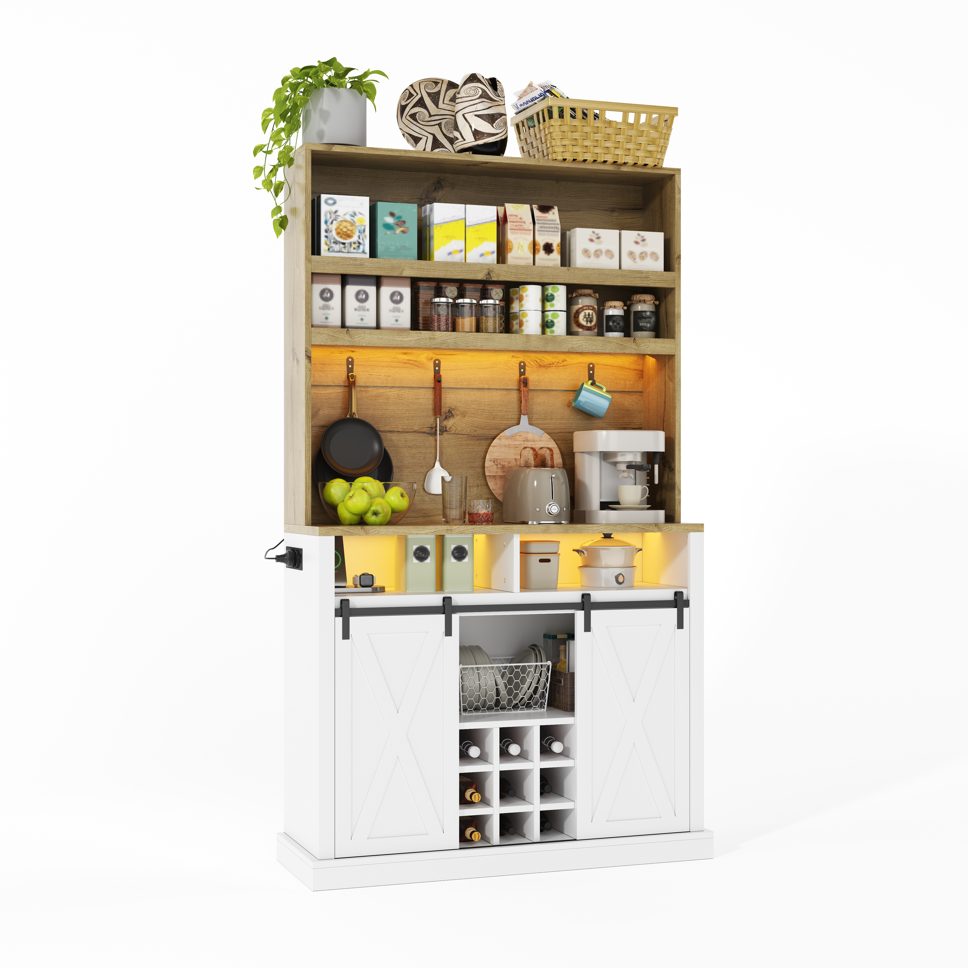 Vitrine, éclairage led, prises et recharge intégrées, 110 x 40 x 191 cm, MDF, bois naturel - vue 2