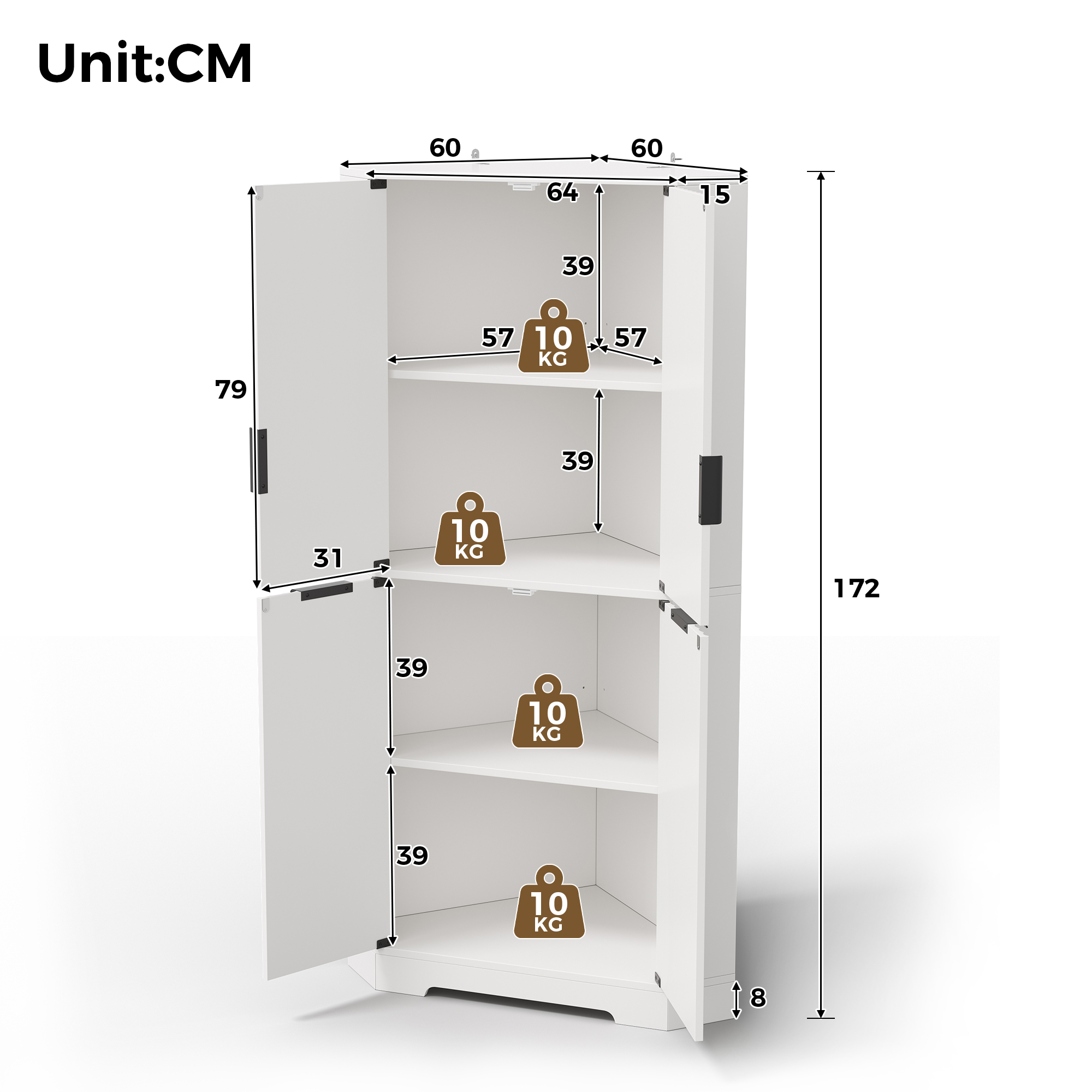 Buffet, étagères réglables, 60 x 60 x 172 cm, MDF, blanc - vue 4