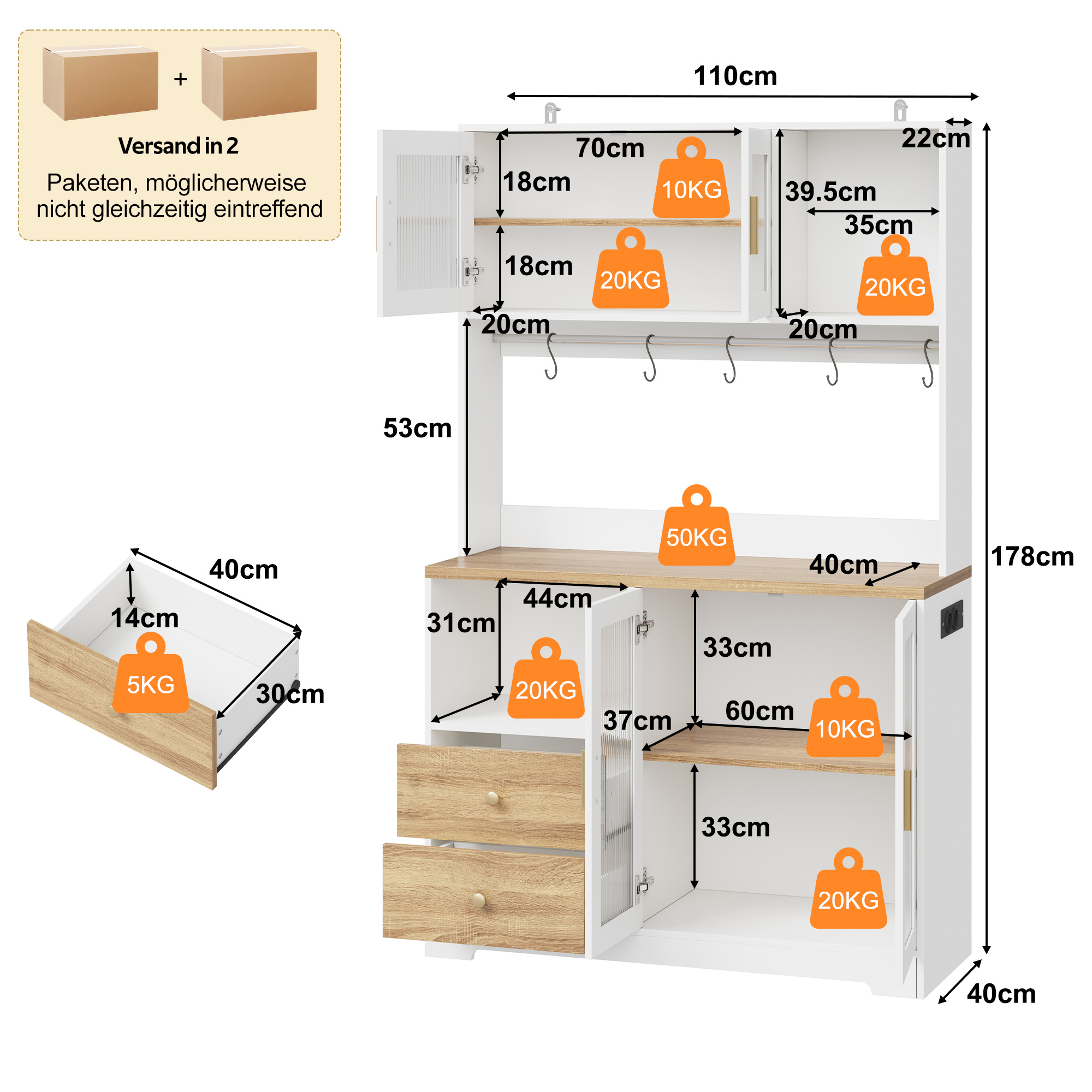 178 cm Küchenschrank, Hochschrank mit LED, Küchenr