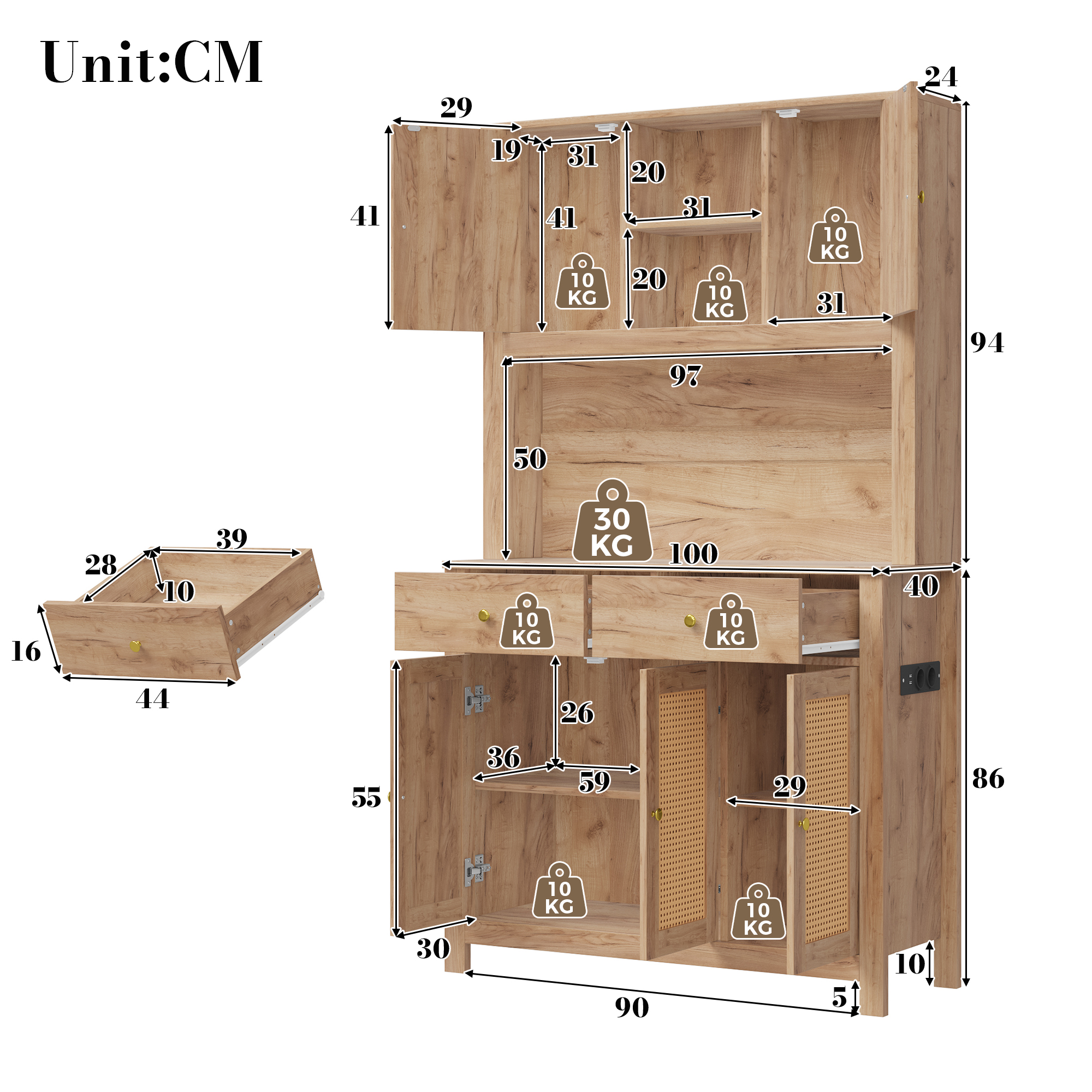 Buffet de rangement, avec tiroirs, éclairage led, prises et recharge intégrées, 100 x 40 x 180 cm, rotin et MDF, bois naturel - vue 5