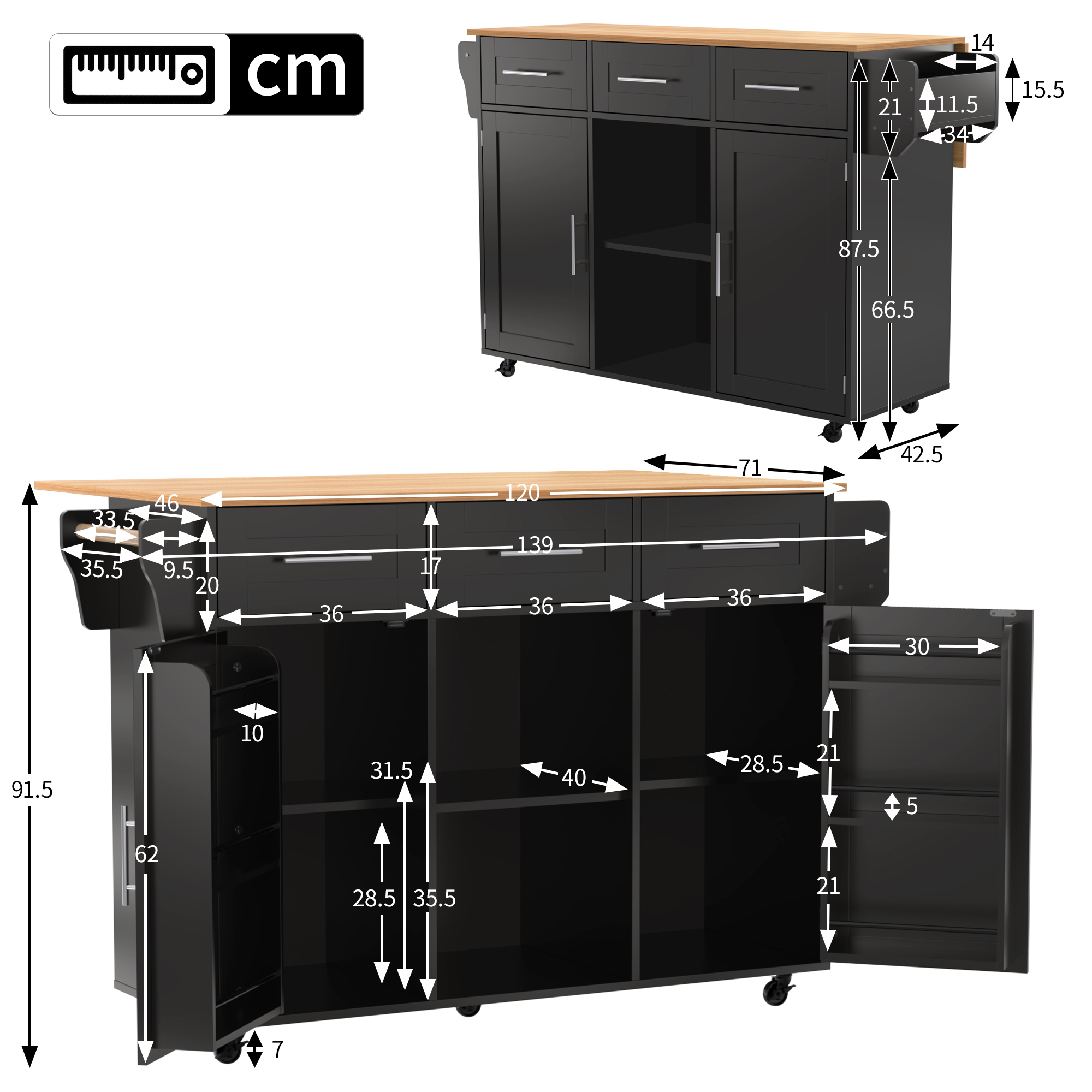 Buffet, pliable, mobile sur roulettes, 139 x 46 x 91,5 cm, bois massif, noir - vue 5