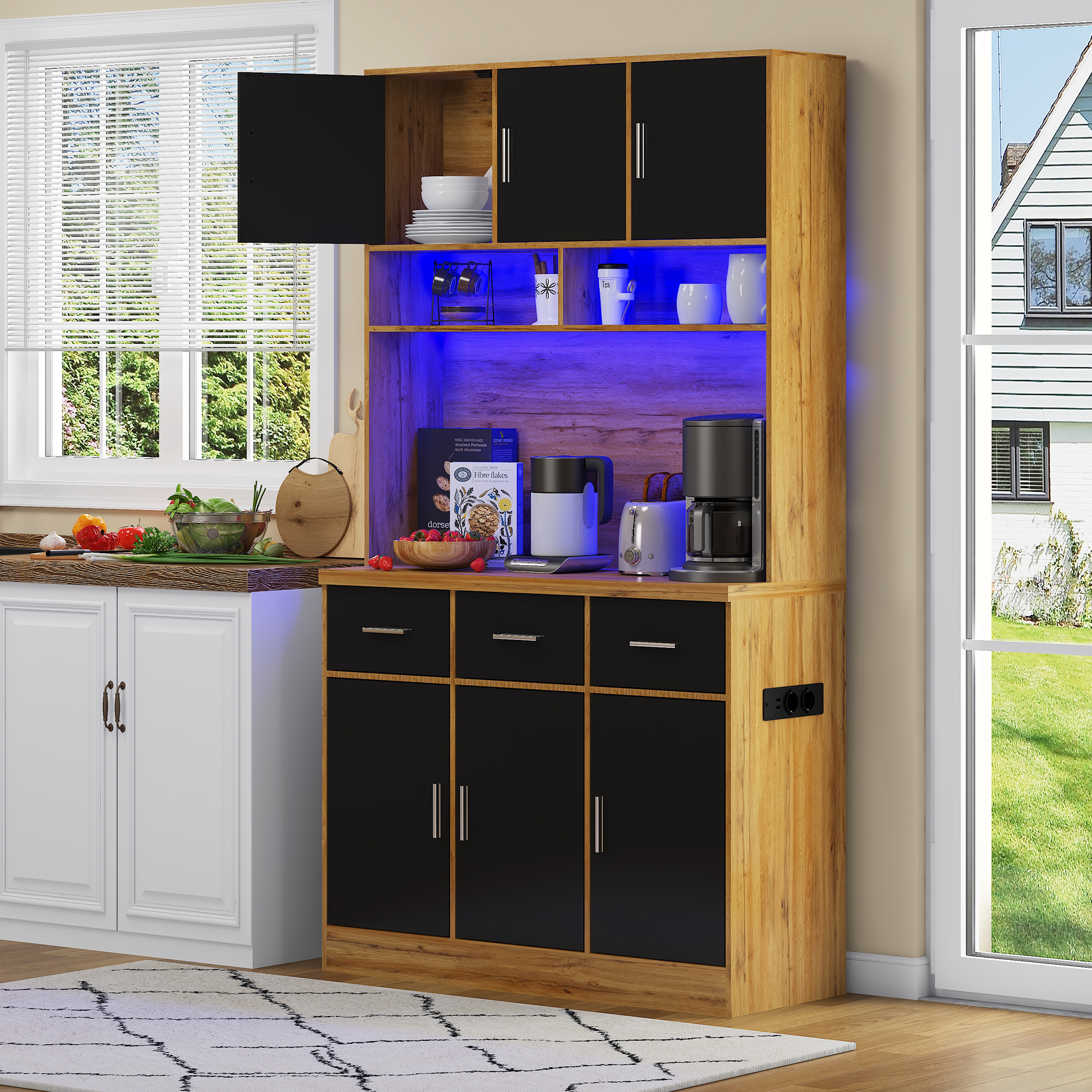 Buffet, avec tiroirs, étagères réglables, éclairage led, 100 x 40 x 180 cm, MDF, bois naturel - vue 5