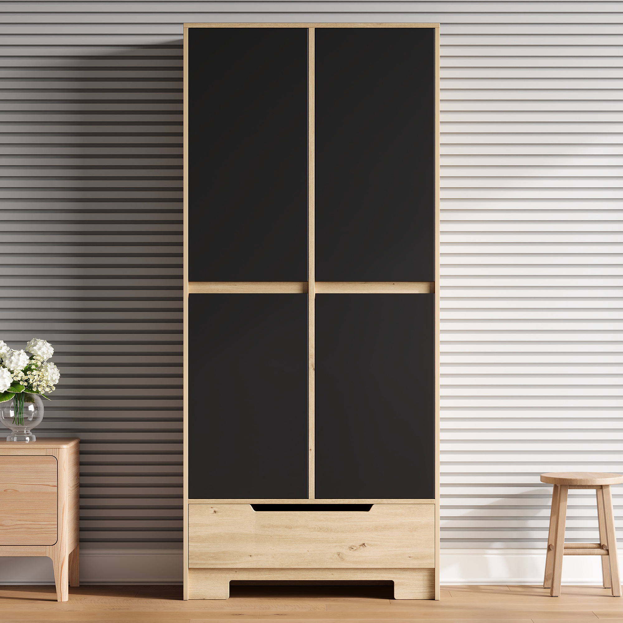 Buffet de cuisine, étagères réglables, 1 tiroir, 80 x 35 x 180 cm, MDF, noir et bois naturel - vue 2