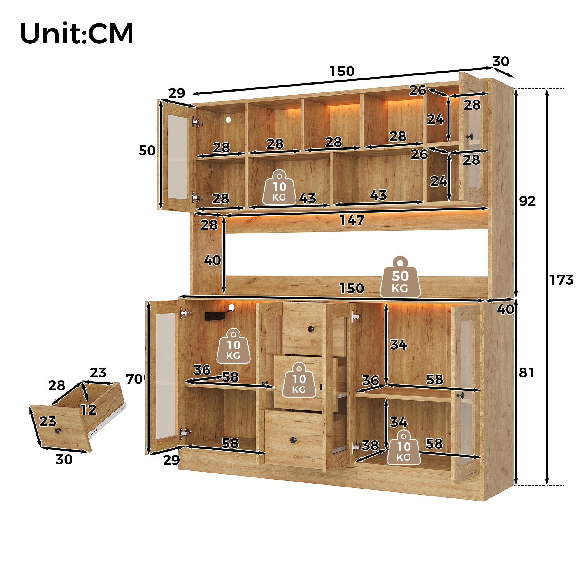 Vitrine, avec tiroirs, éclairage led, prises et recharge intégrées, 150 x 40 x 173 cm, MDF, bois naturel - vue 3