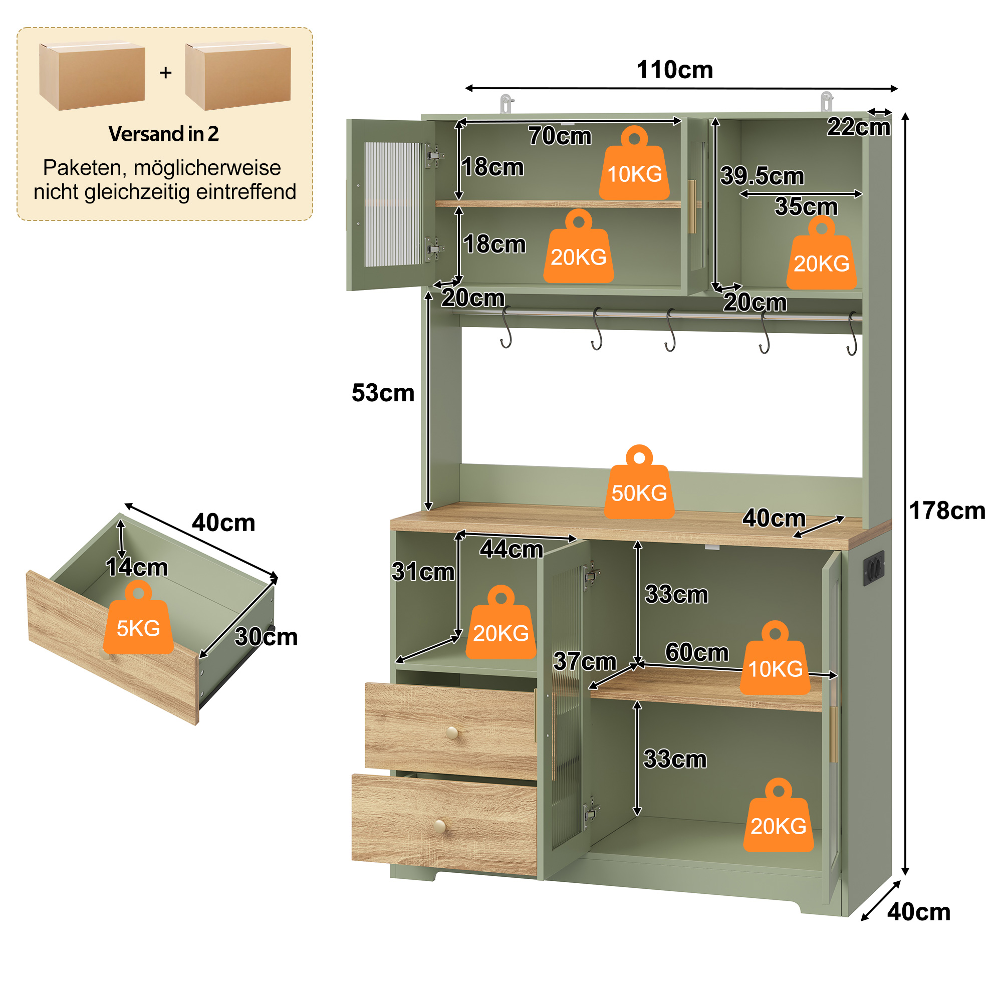178 cm Küchenschrank, Hochschrank mit LED, Küchenr