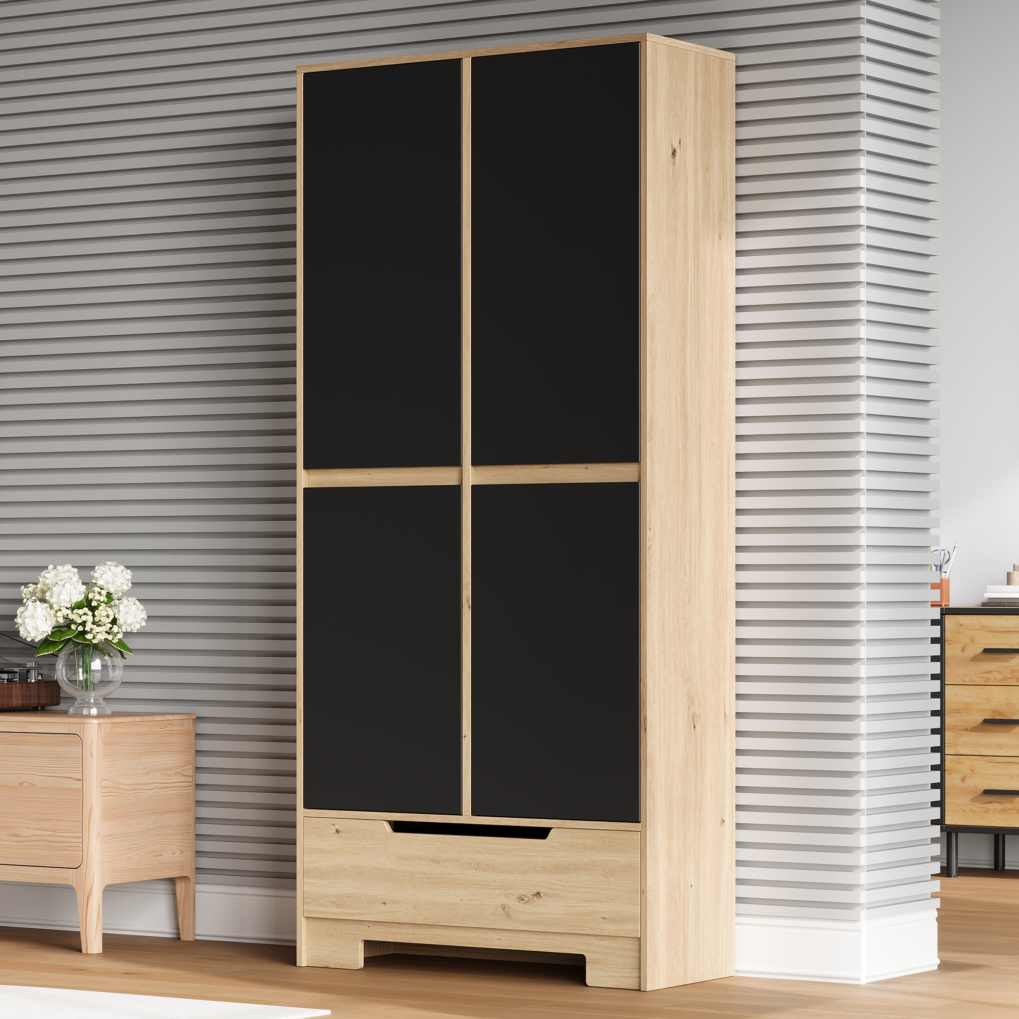 Buffet de cuisine, étagères réglables, 1 tiroir, 80 x 35 x 180 cm, MDF, noir et bois naturel - vue 4