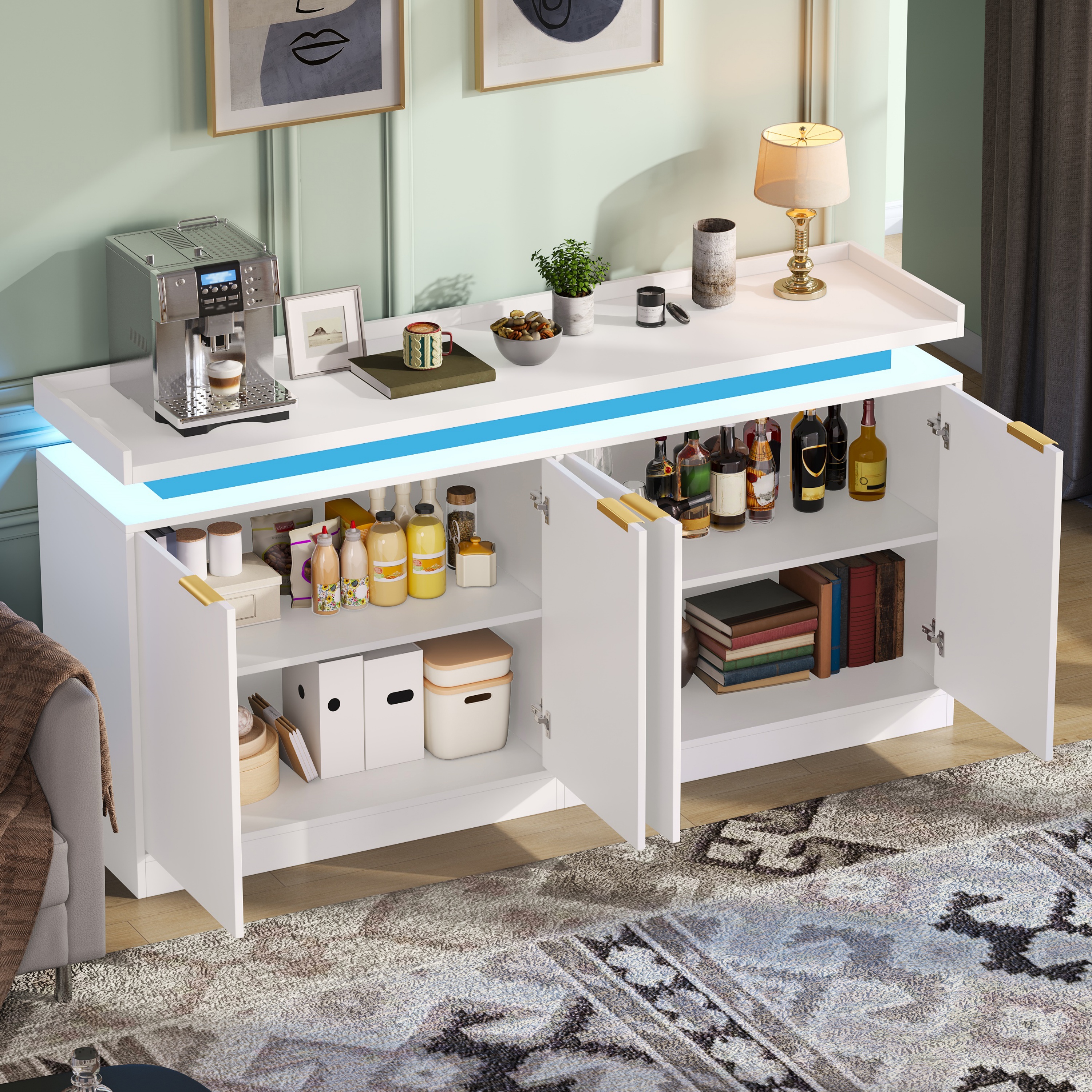 Buffet, rangement intégré, éclairage led, 160 x 39 x 83 cm, MDF, blanc - vue 3