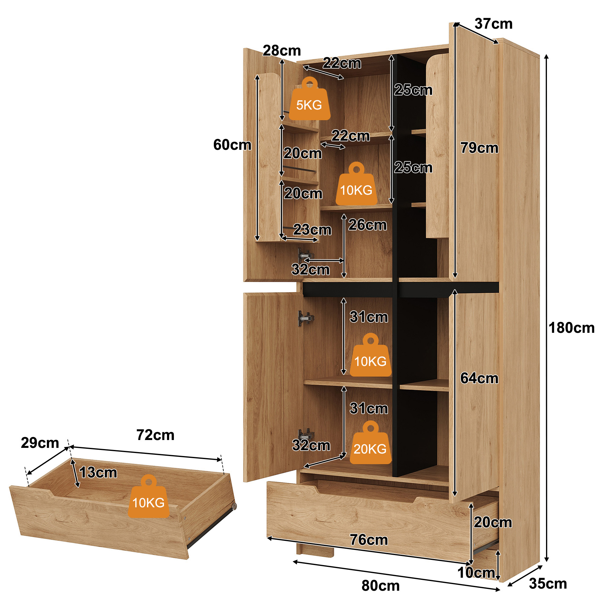 Buffet de cuisine, étagères réglables, 1 tiroir, 80 x 35 x 180 cm, MDF, bois naturel - vue 3