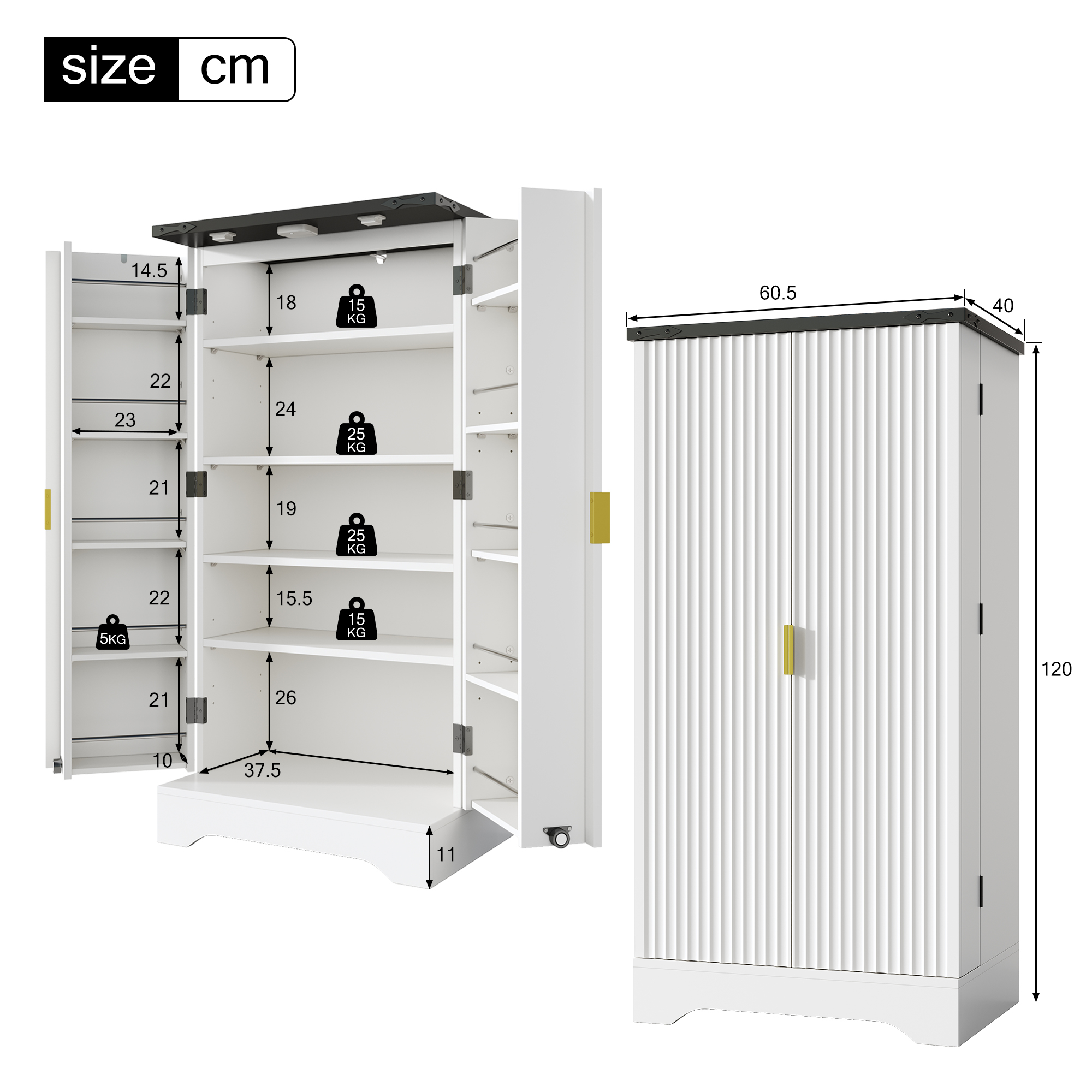 Buffet de rangement, étagères réglables, éclairage led, 60,5 x 40 x 120 cm, MDF, blanc - vue 1