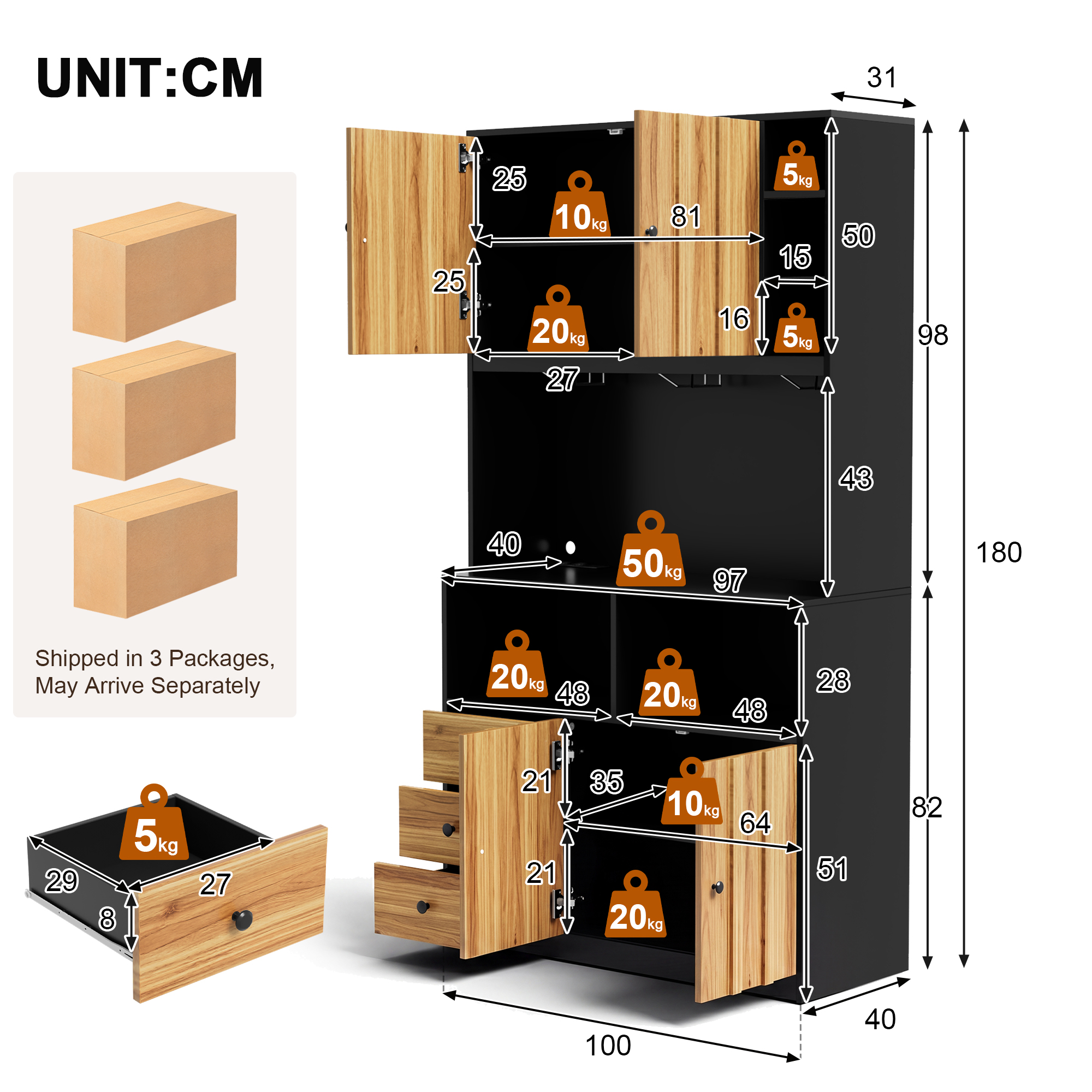 180 cm Küchenschrank, Hochschrank mit LED, Küchenr