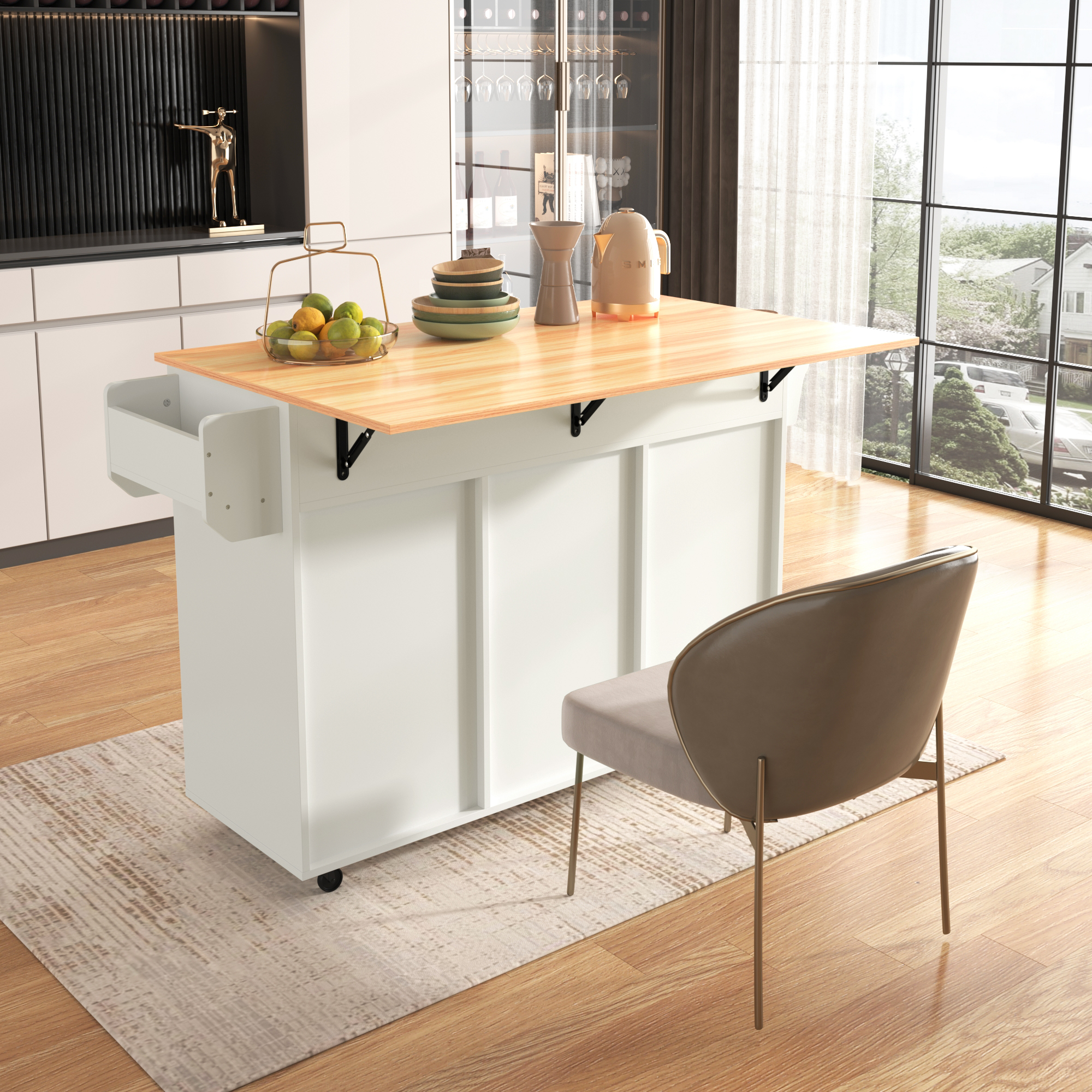Buffet, pliable, mobile sur roulettes, 139 x 46 x 91,5 cm, bois massif, blanc - vue 3