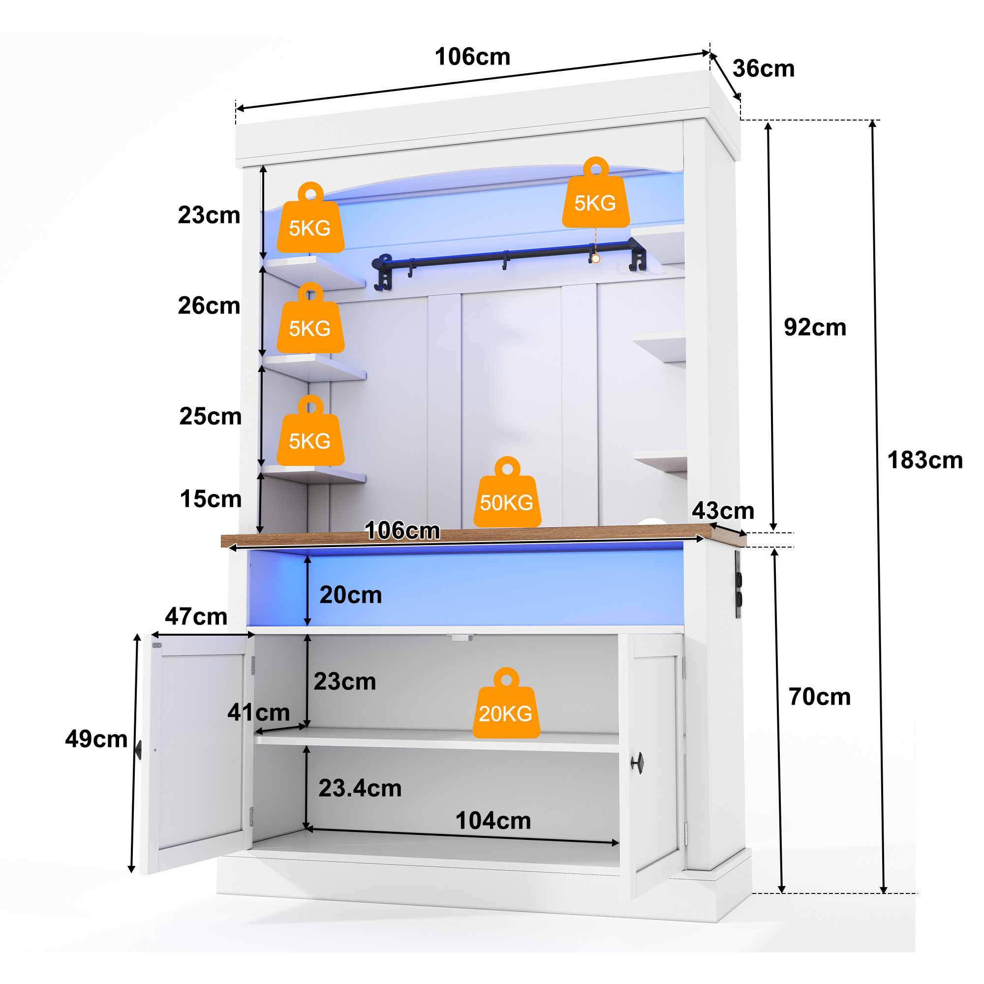 183 cm Küchenschrank mit LED-Beleuchtung und Steck