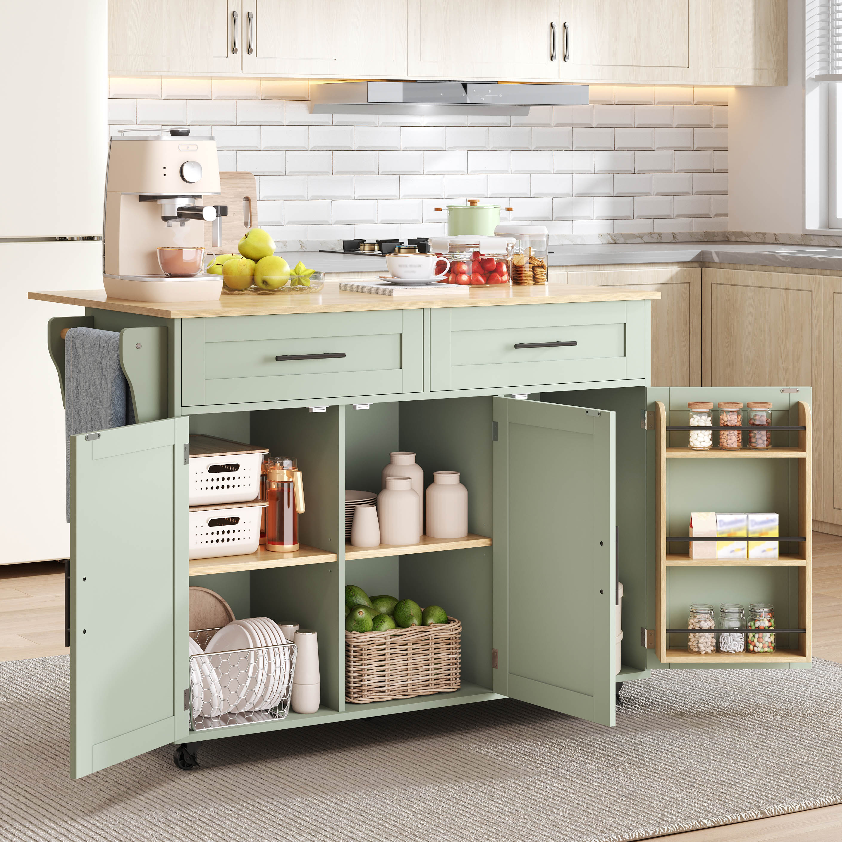 Buffet, pliable, mobile sur roulettes, rangement intégré, 120 x 46 x 91,5 cm, bois massif, vert - vue 1