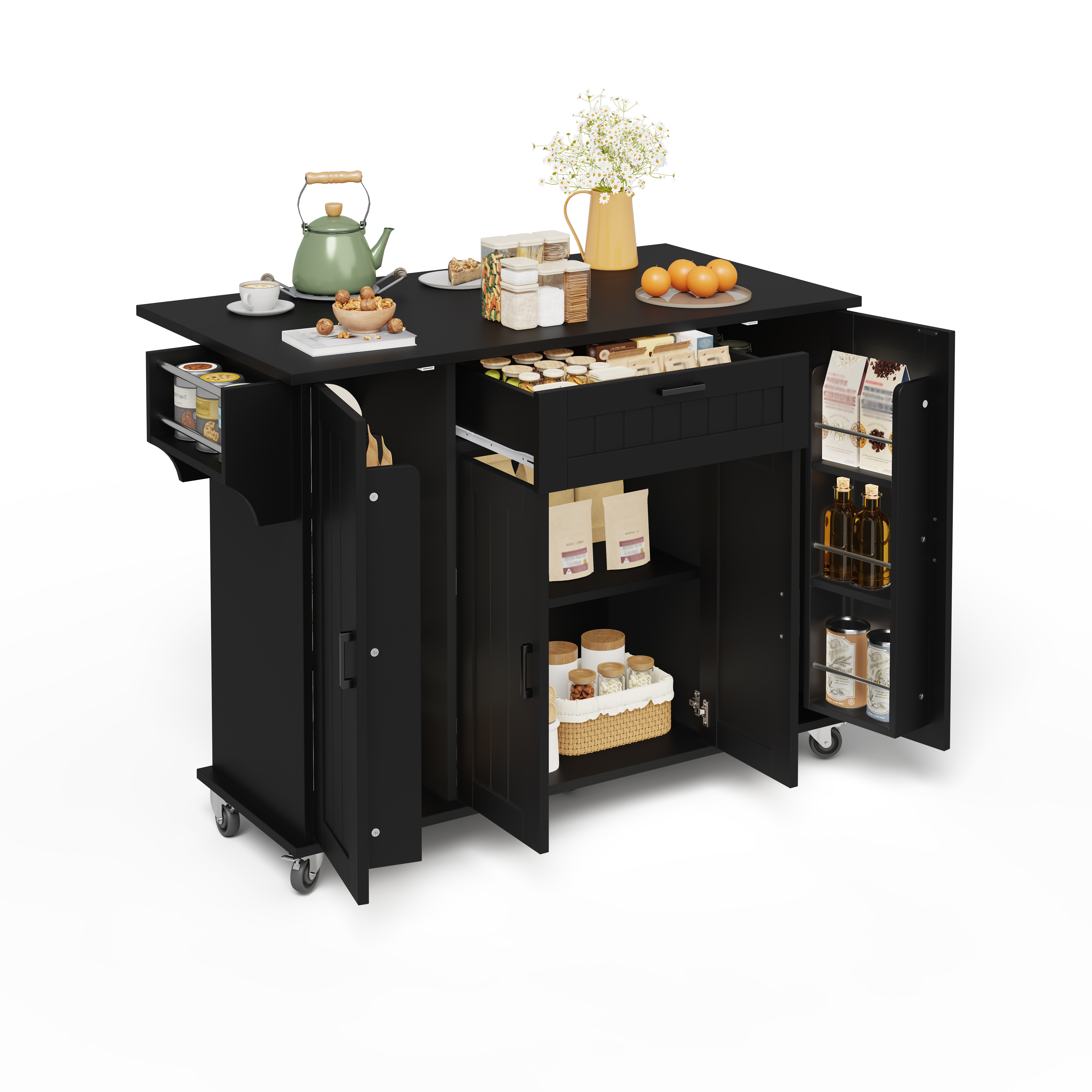 Îlot de cuisine, pliable, mobile sur roulettes, avec tiroirs, 120 x 70 x 95 cm, MDF, noir - vue 5