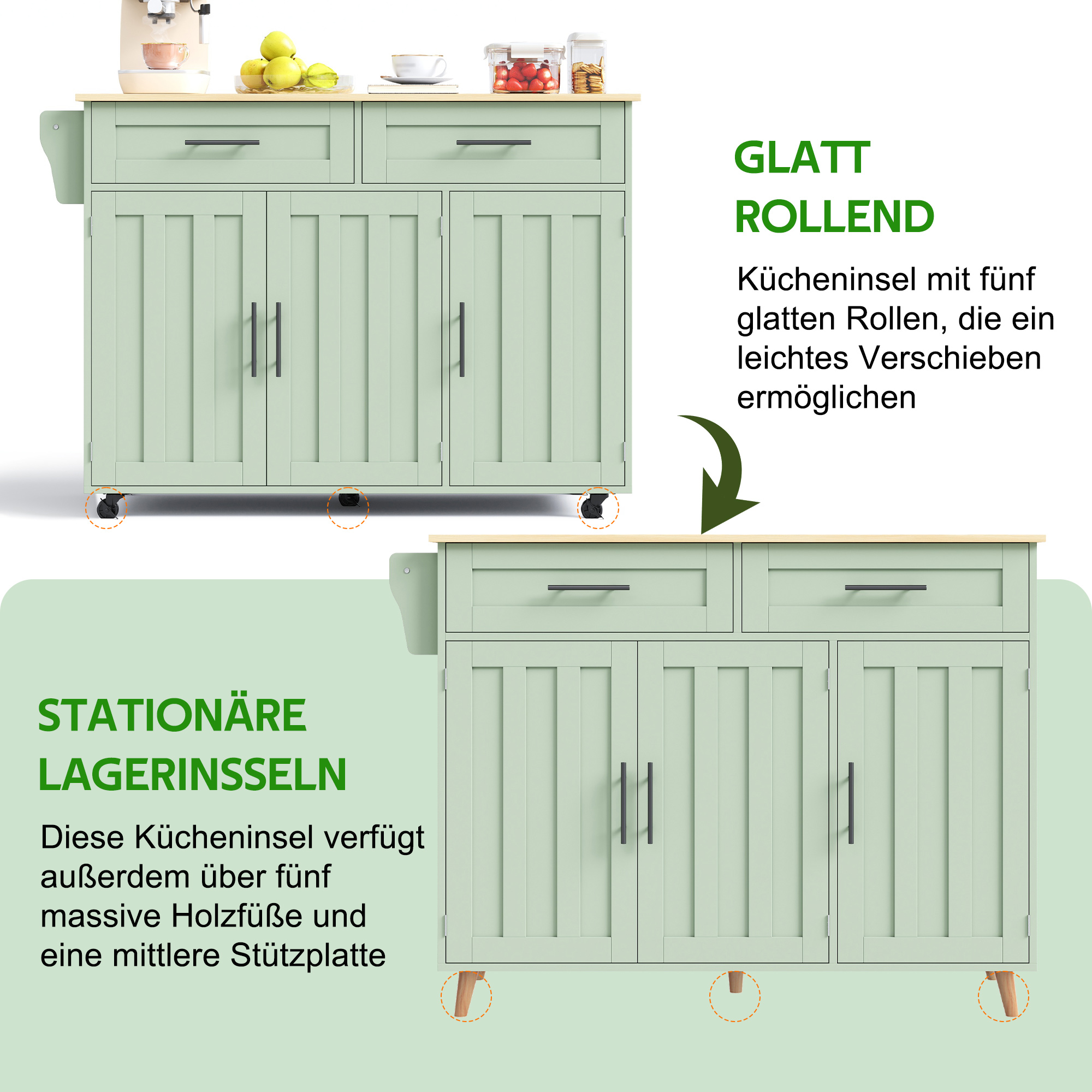 Buffet, pliable, mobile sur roulettes, rangement intégré, 120 x 46 x 91,5 cm, bois massif, vert - vue 5
