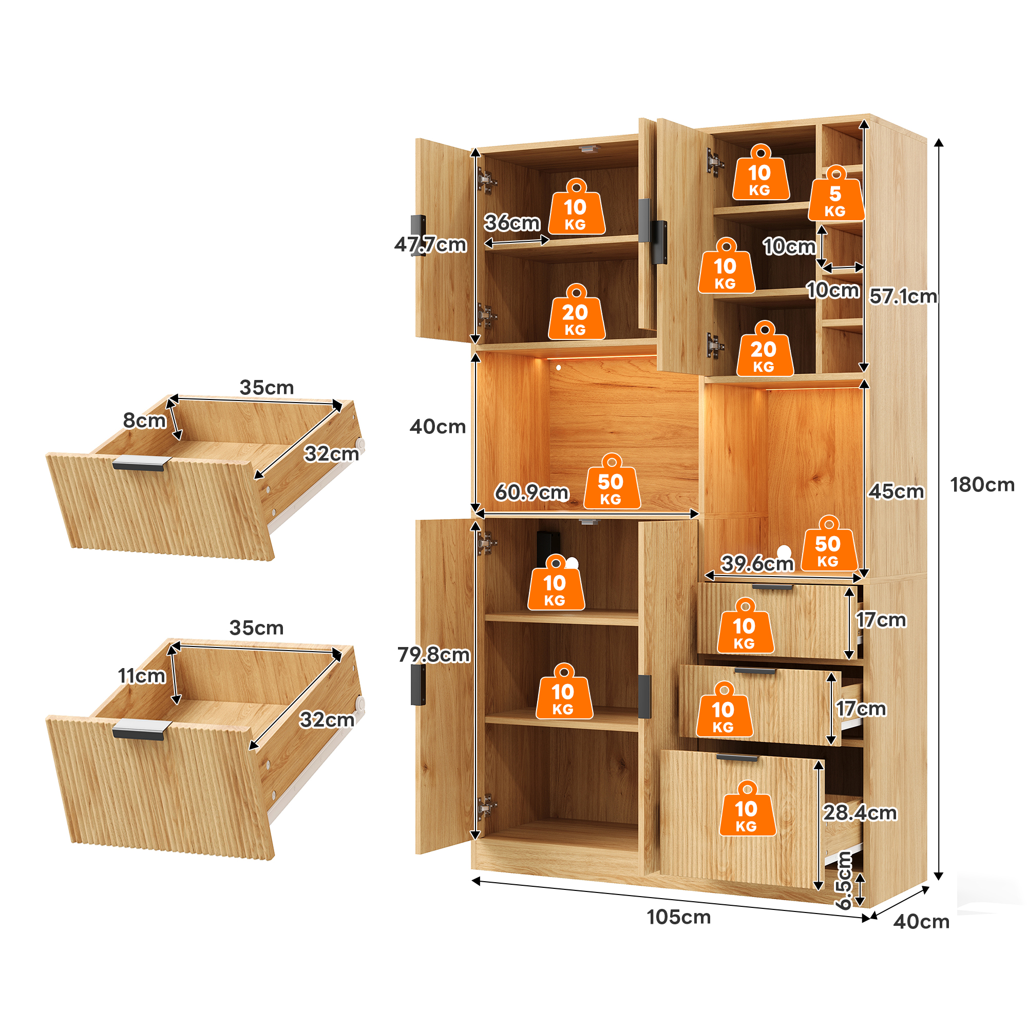Meuble bar à vin, éclairage LED, étagères réglables, prises intégrées, rangement à vin, 105 x 40 x 180 cm, MDF, bois naturel - vue 3