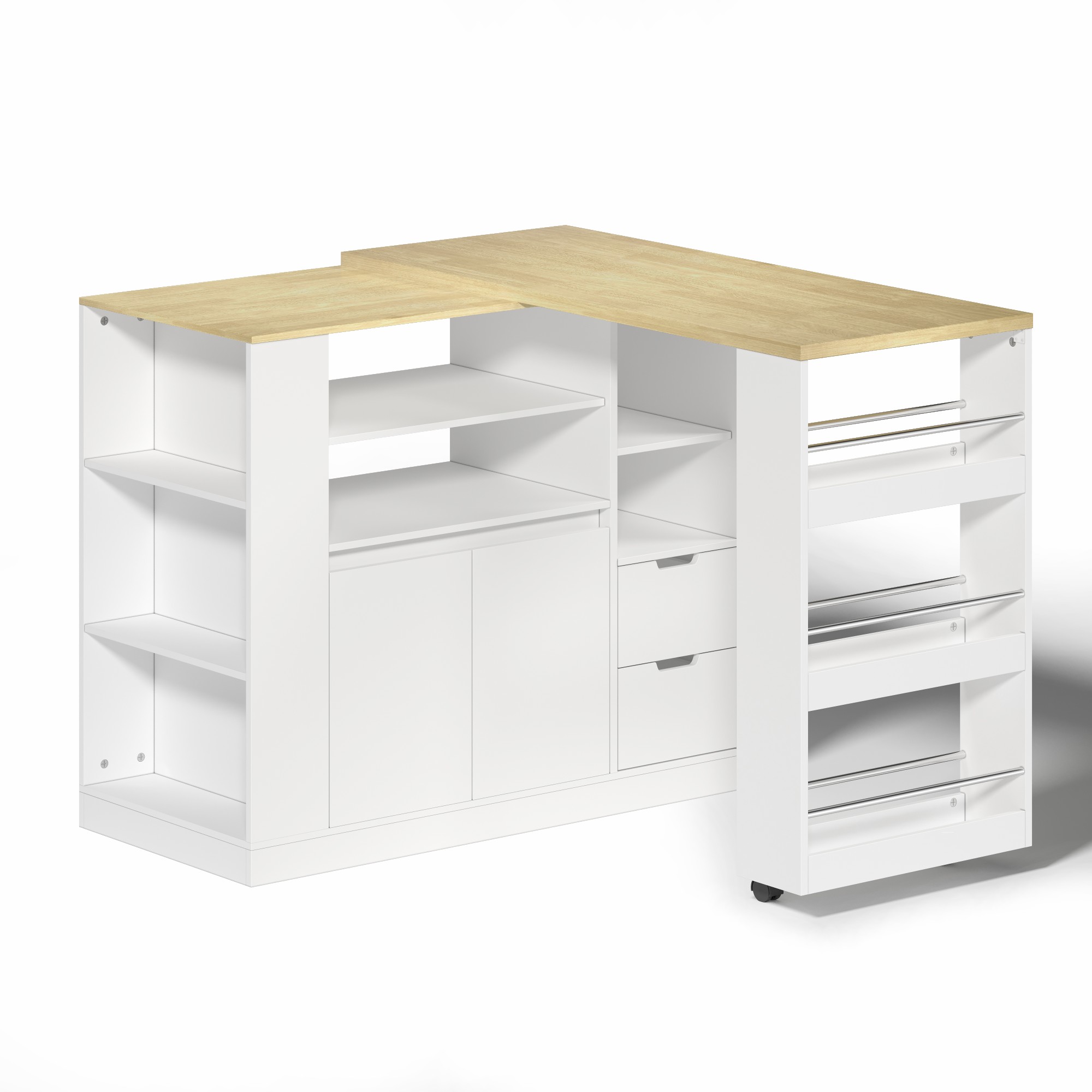 Îlot de cuisine, extensible, avec tiroirs, prises et recharge intégrées, 115 x 50 x 92 cm, bois et MDF, bois naturel - vue 5