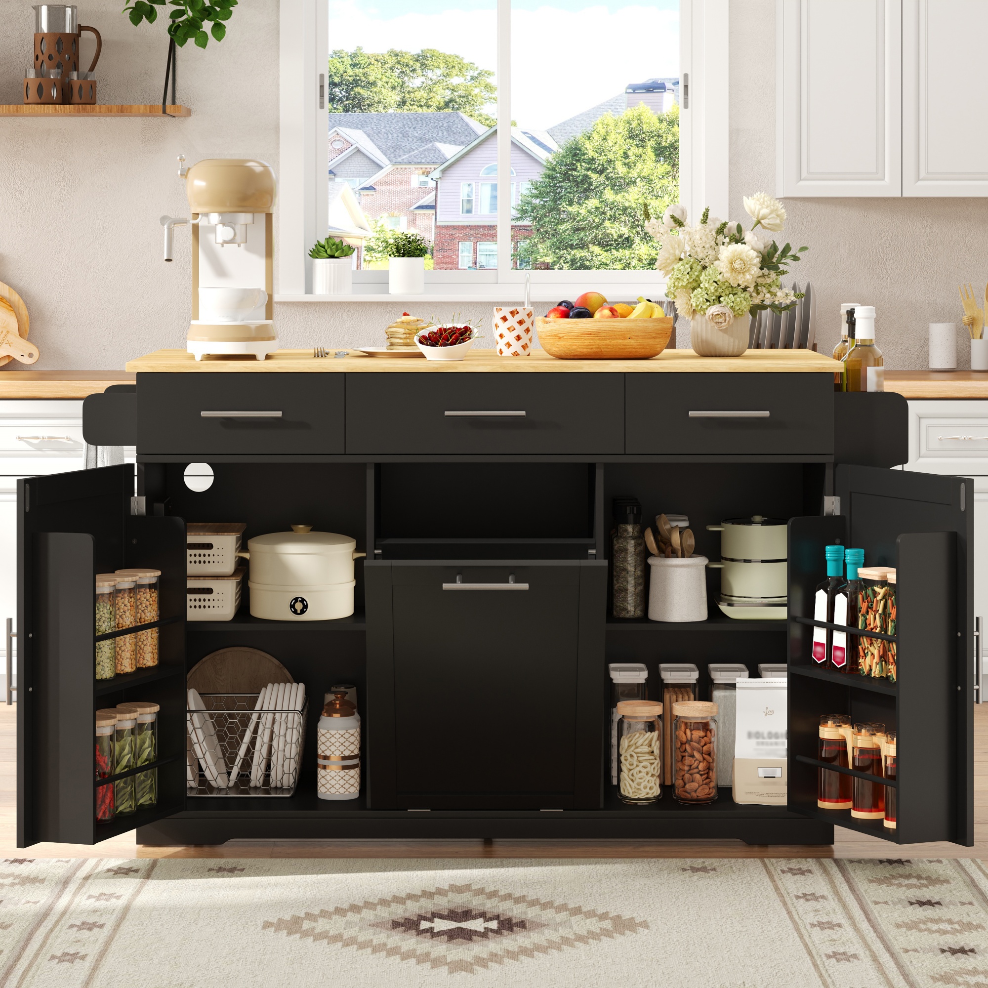 Îlot de cuisine, pliable, mobile sur roulettes, avec tiroirs, 136 x 75 x 92 cm, MDF, bois naturel - vue 3