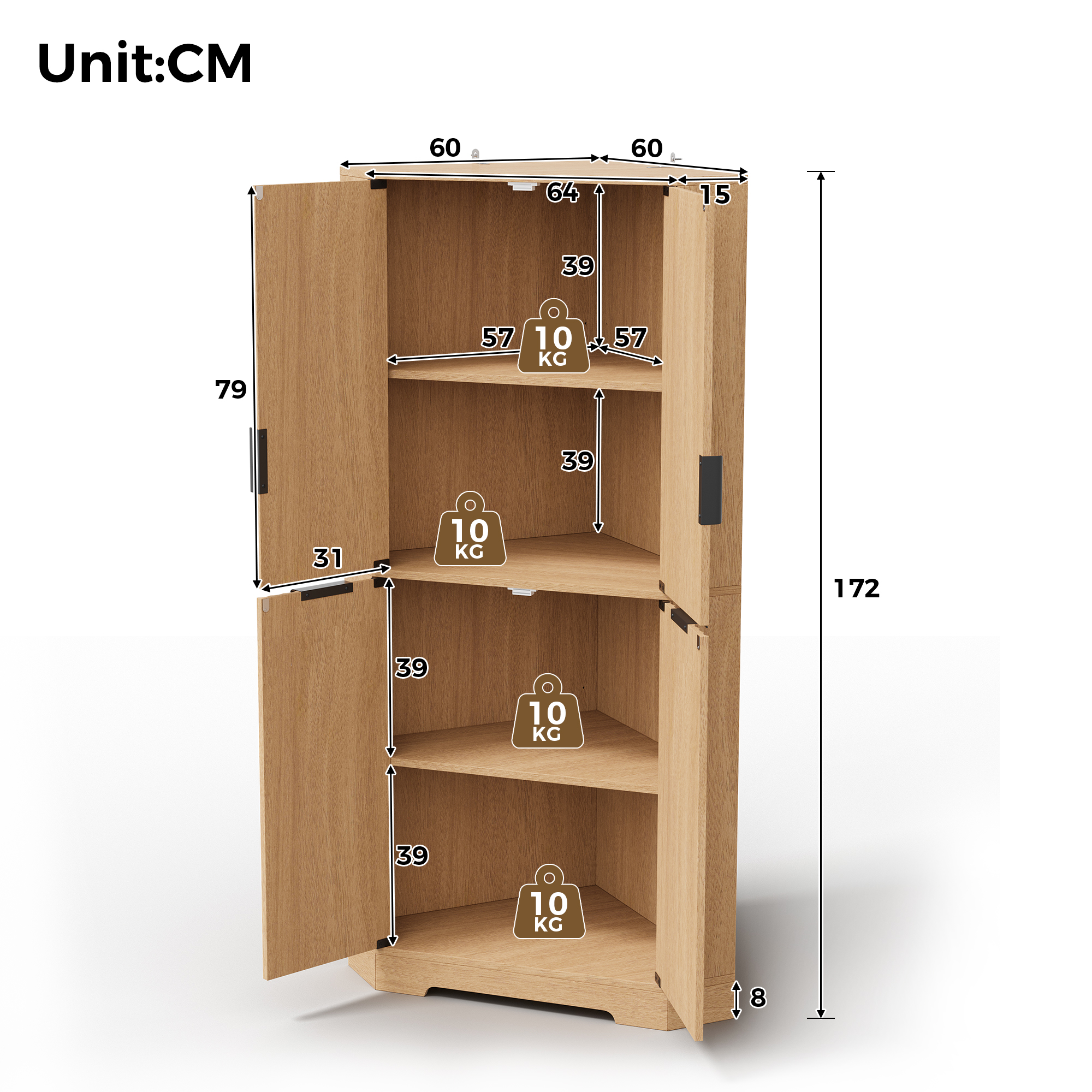 Buffet, étagères réglables, 60 x 60 x 172 cm, MDF, bois naturel - vue 4