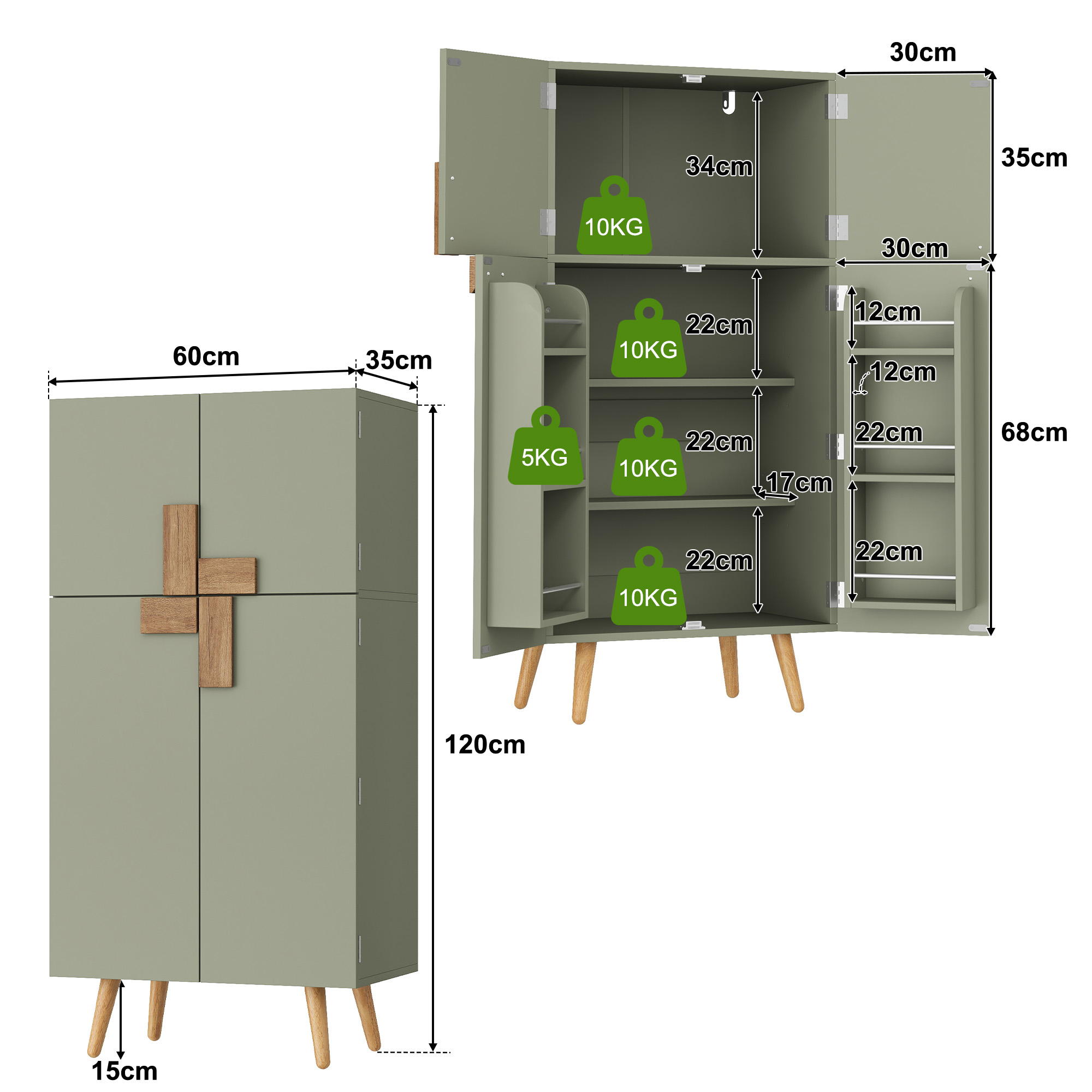 Armoire haute de cuisine, étagères réglables, 4 portes, 60 x 35 x 120 cm, MDF, vert - vue 2