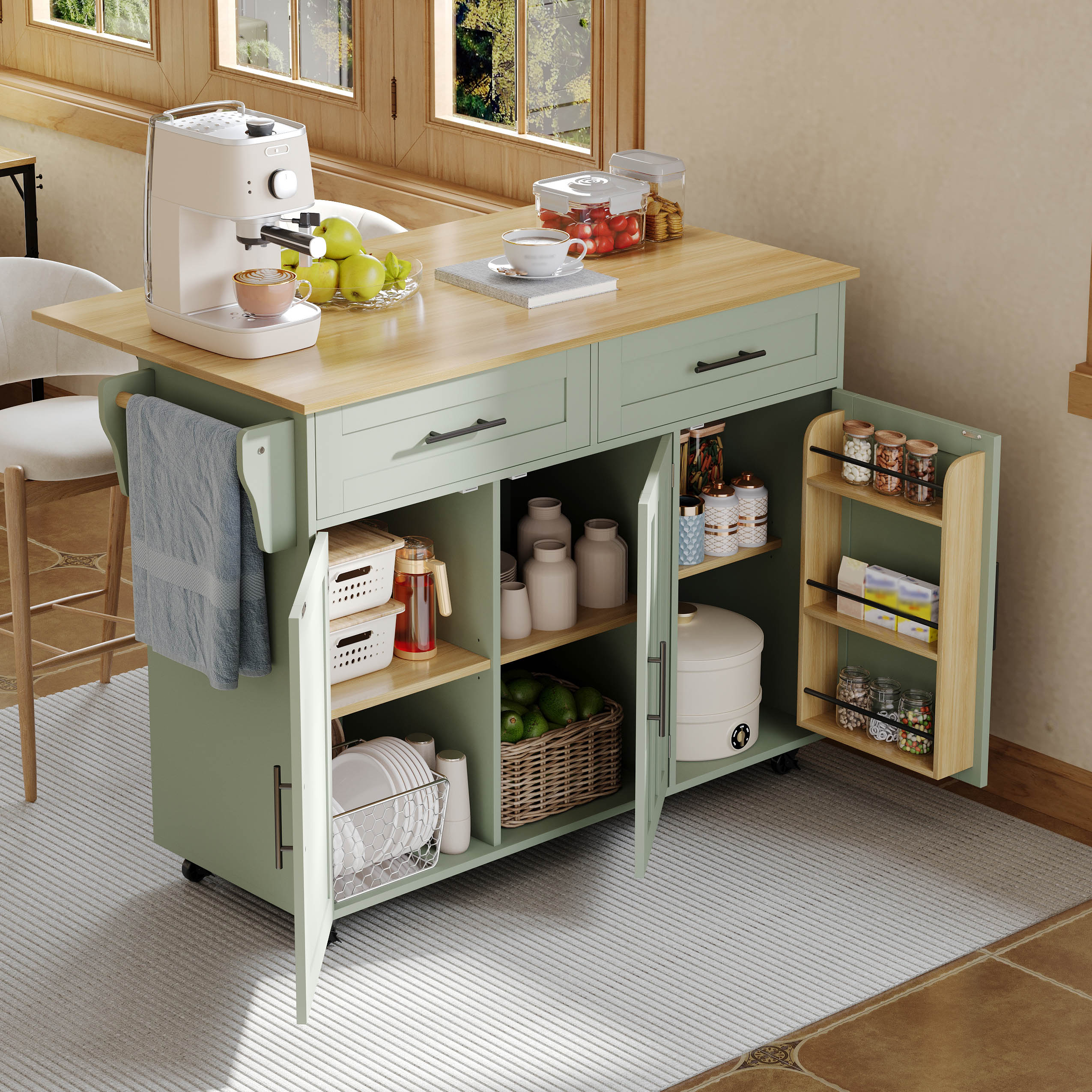 Buffet, pliable, mobile sur roulettes, rangement intégré, 120 x 46 x 91,5 cm, bois massif, vert - vue 3