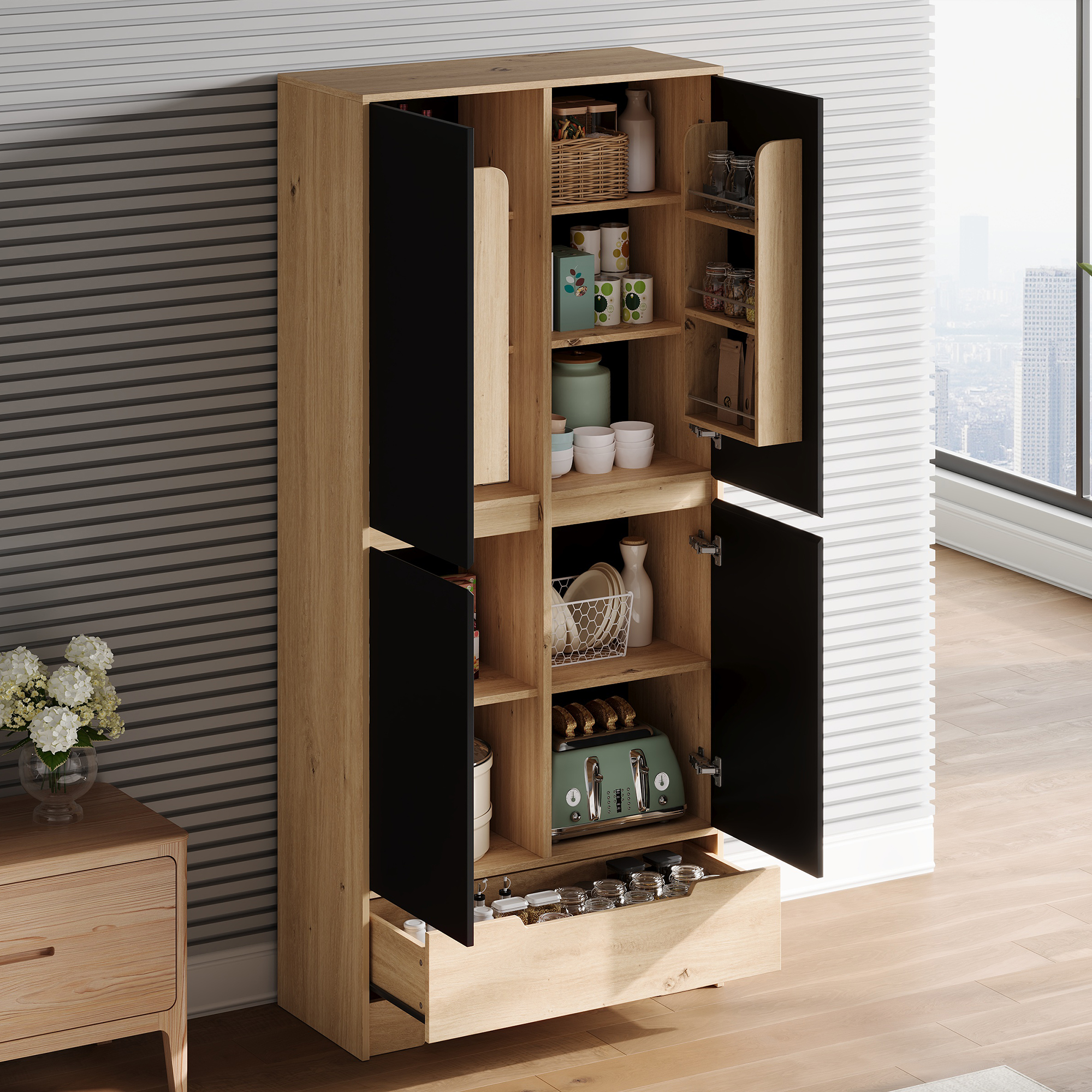 Buffet de cuisine, étagères réglables, 1 tiroir, 80 x 35 x 180 cm, MDF, noir et bois naturel - vue 5