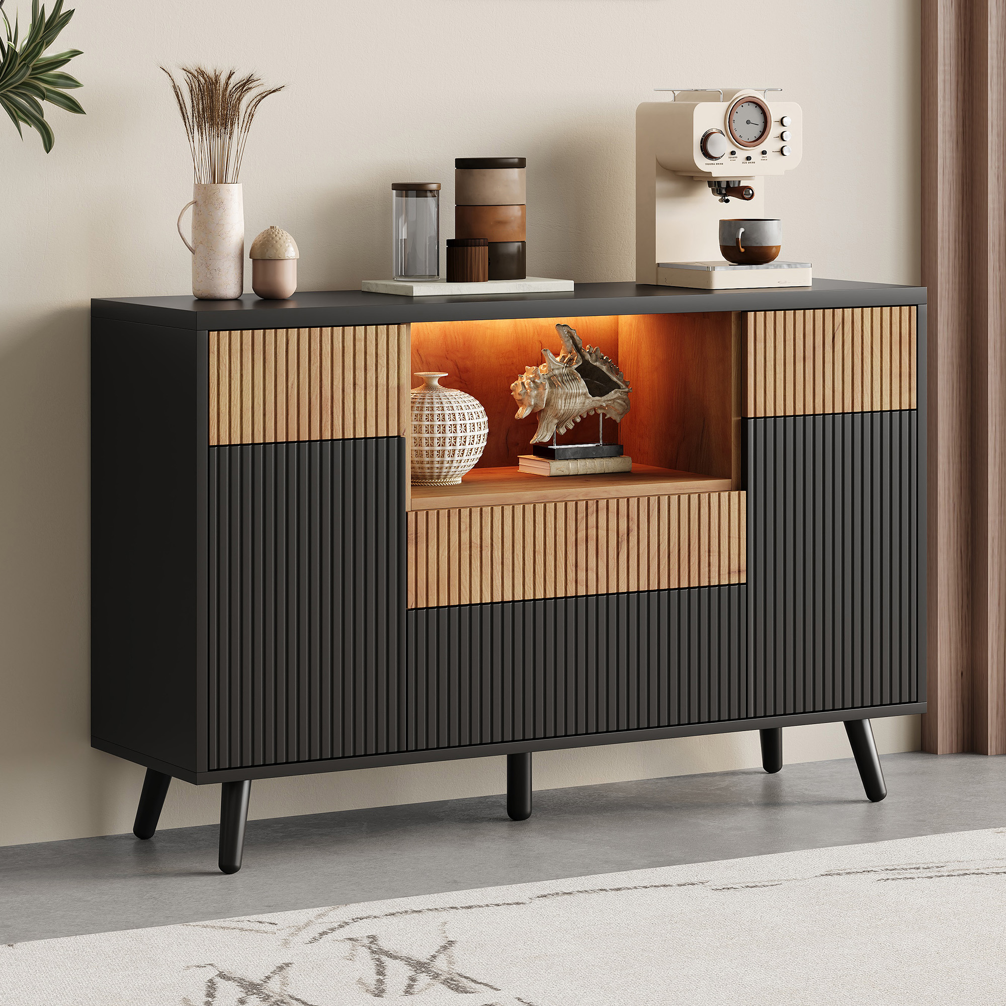 Buffet de cuisine, étagères réglables, 4 tiroirs, 130 x 38 x 85 cm, MDF, bois naturel et noir - vue 7