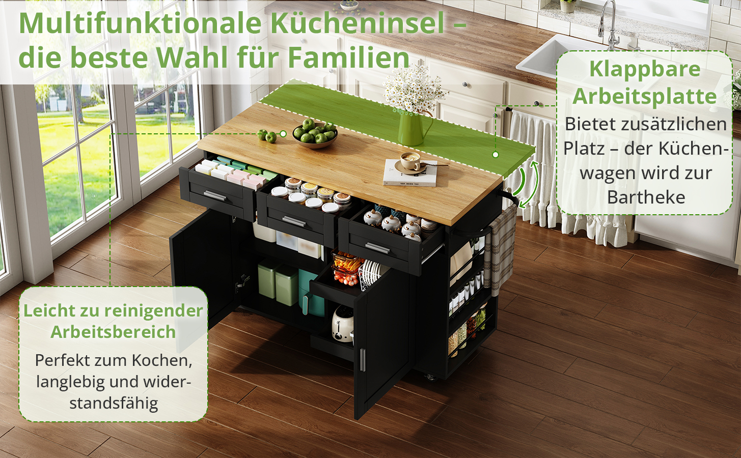 Mobile Kücheninsel mit klappbarer Arbeitsplatte, K