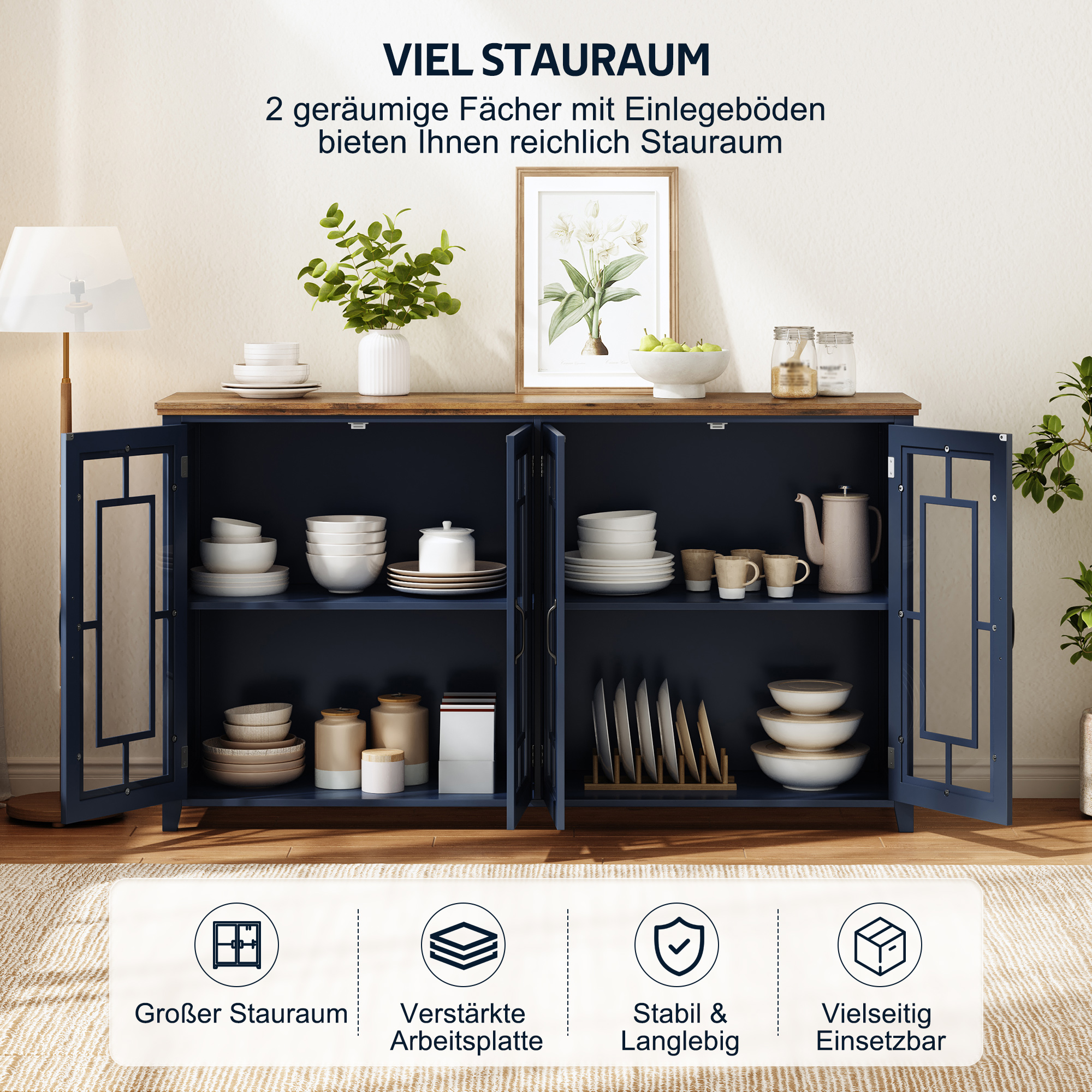 Buffet, éléments en verre, 160 x 40 x 86 cm, bois et verre, bleu - vue 2