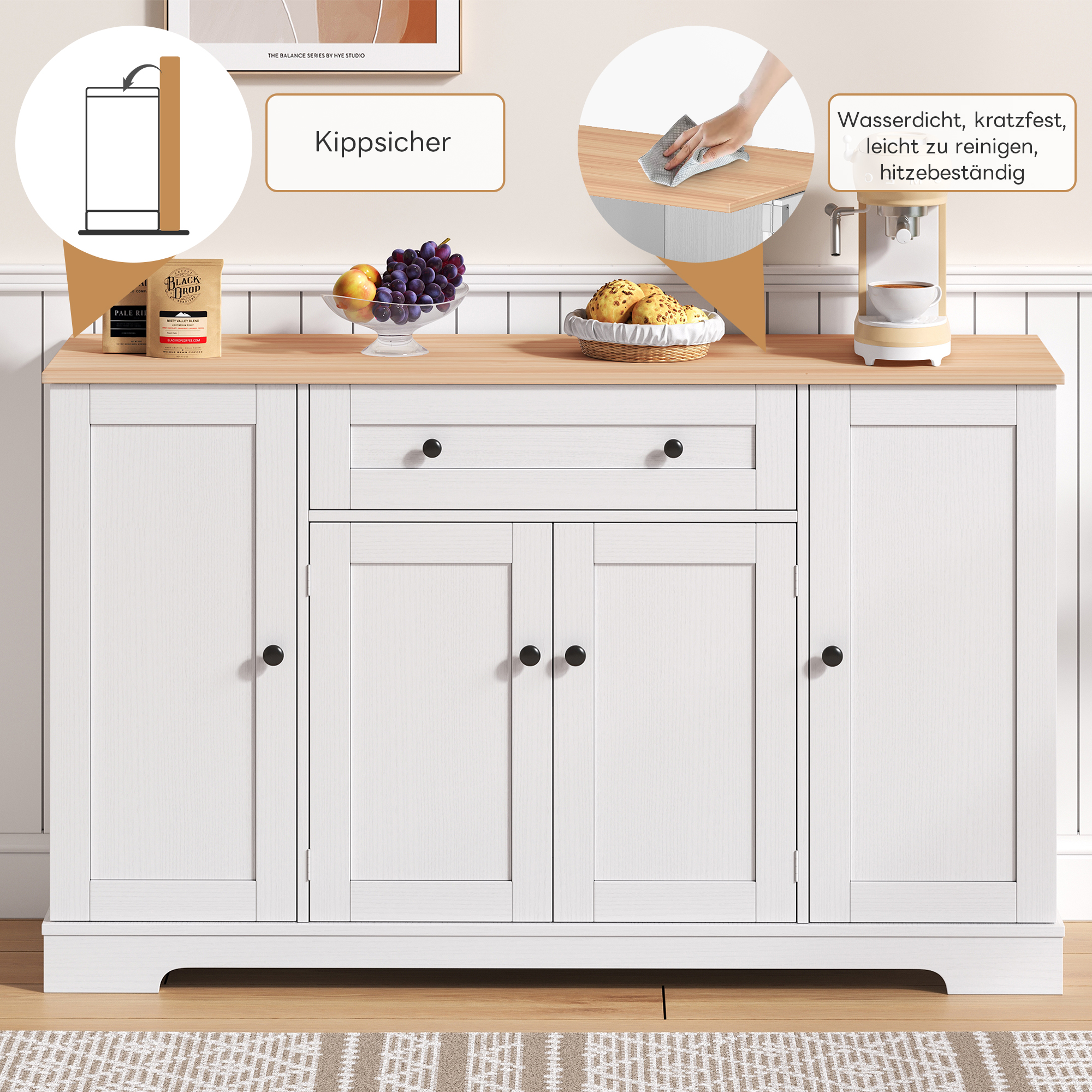 Buffet, avec tiroirs, étagères réglables, MDF, bois naturel - vue 5