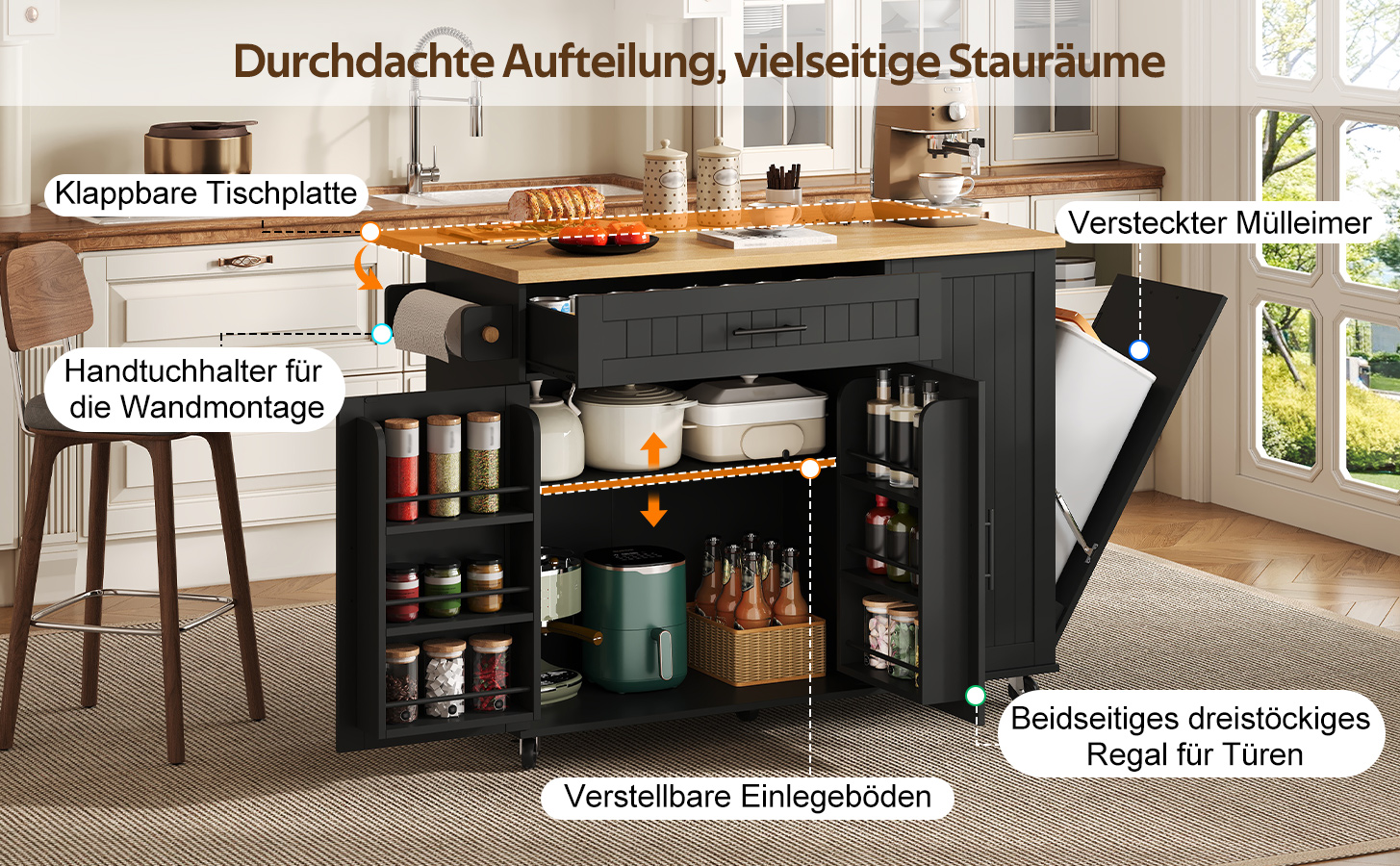 Mobile Kücheninsel mit klappbarer Arbeitsplatte, R