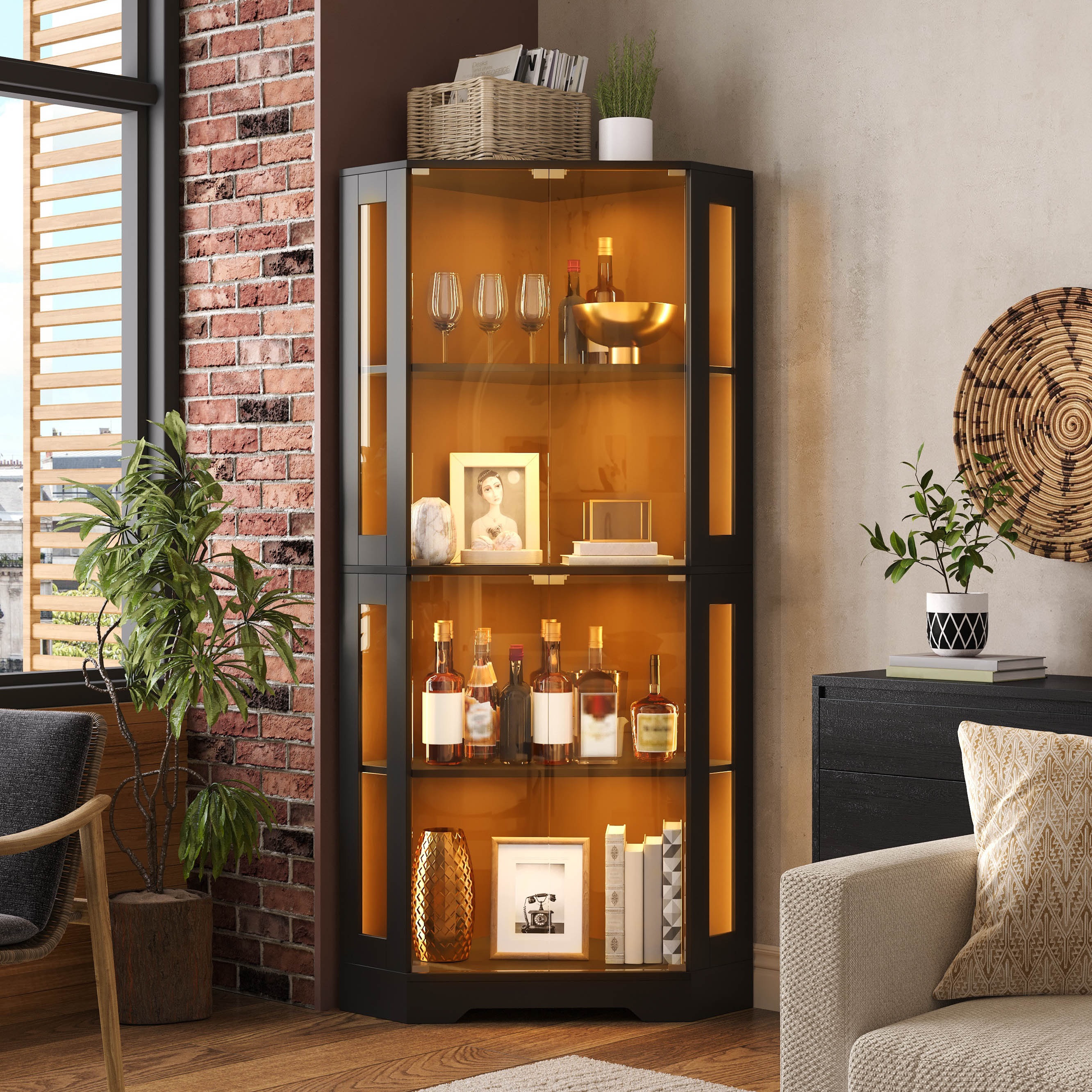 165 cm hoher Glasvitrinenschrank mit LED, 4-stufig