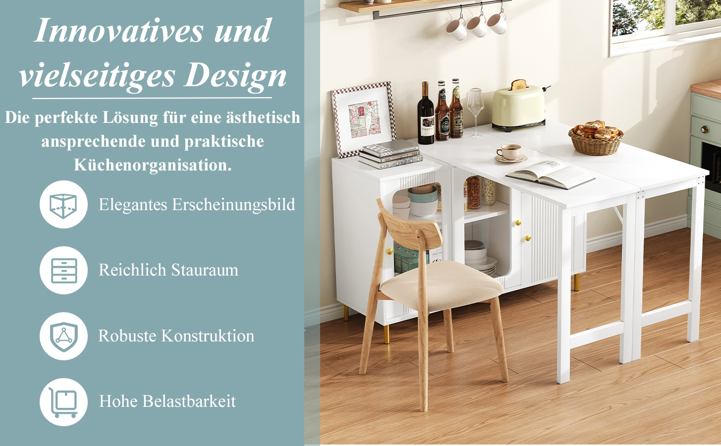 Buffet avec plateau extensible 122×40 à 122×80 cm, armoire blanche pieds métal doré, portes verre trempé, pour salon et salle à manger, design minimaliste, beaucoup de rangement, style élégant, fonctionnalité - image 7