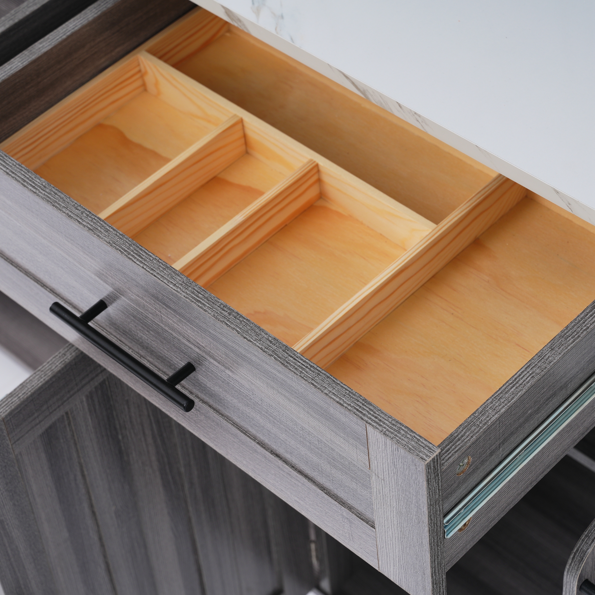 Îlot de cuisine, plateau rabattable, 2 tiroirs, 129 x 46 x 91,5 cm, MDF, gris et blanc - vue 4