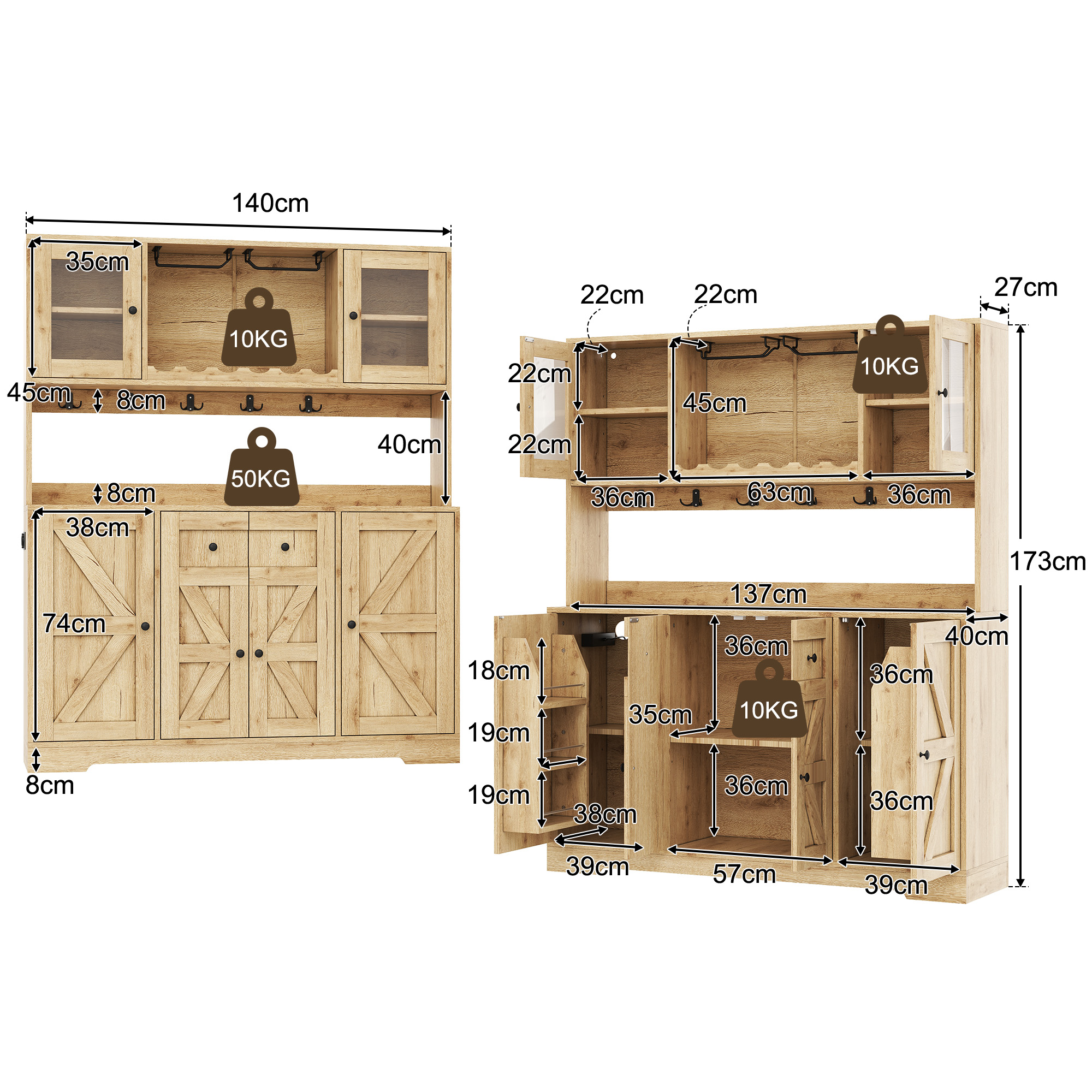 Vitrine, éclairage led, prises et recharge intégrées, éléments en verre, 140 x 40 x 173 cm, verre et MDF, bois naturel - vue 4