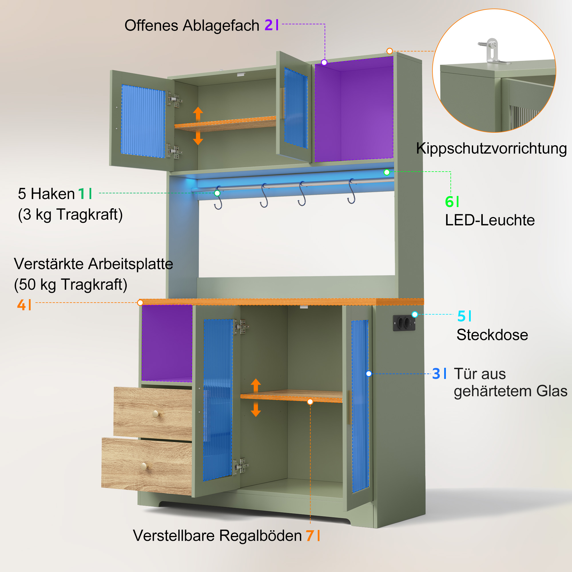 178 cm Küchenschrank, Hochschrank mit LED, Küchenr