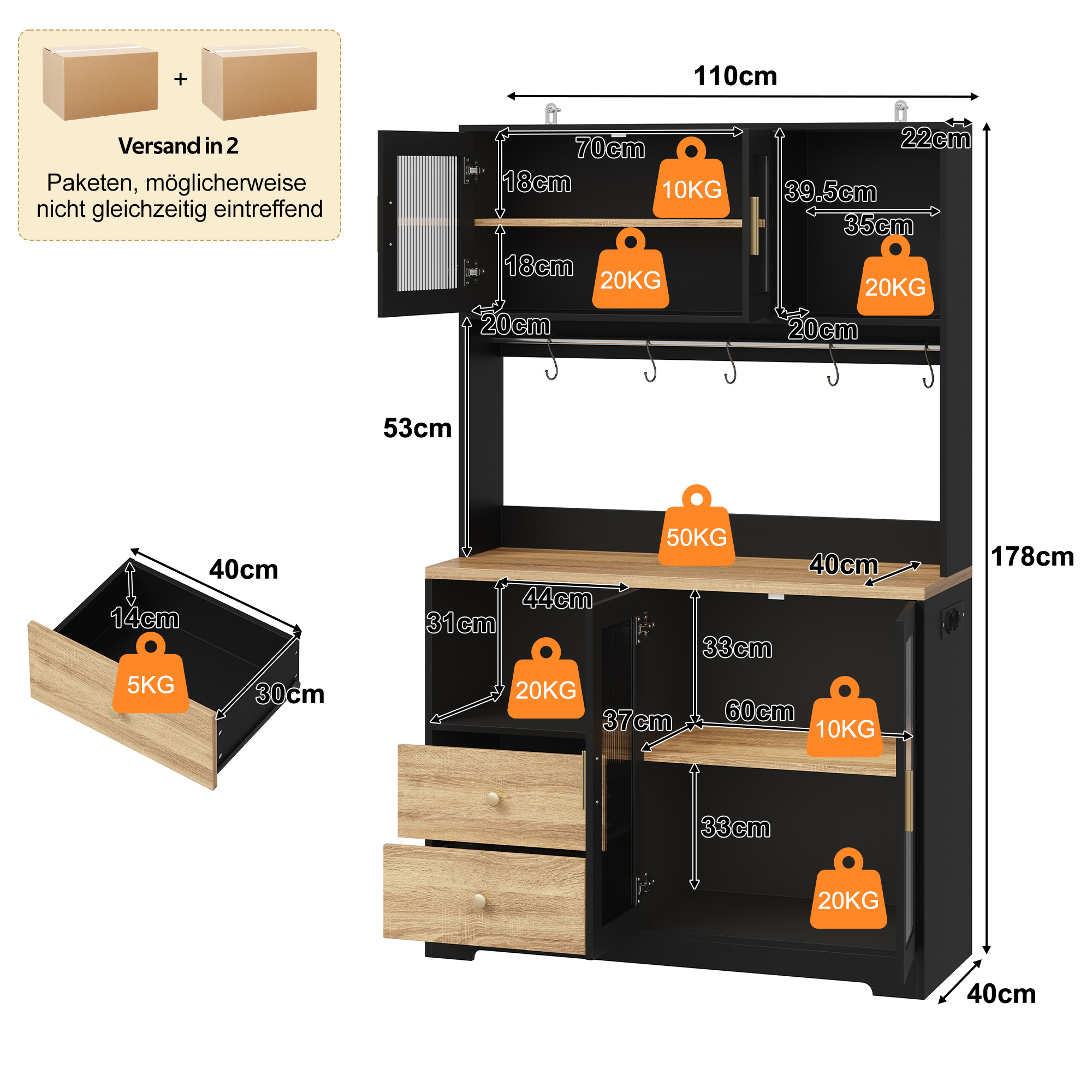 178 cm Küchenschrank, Hochschrank mit LED, Küchenr