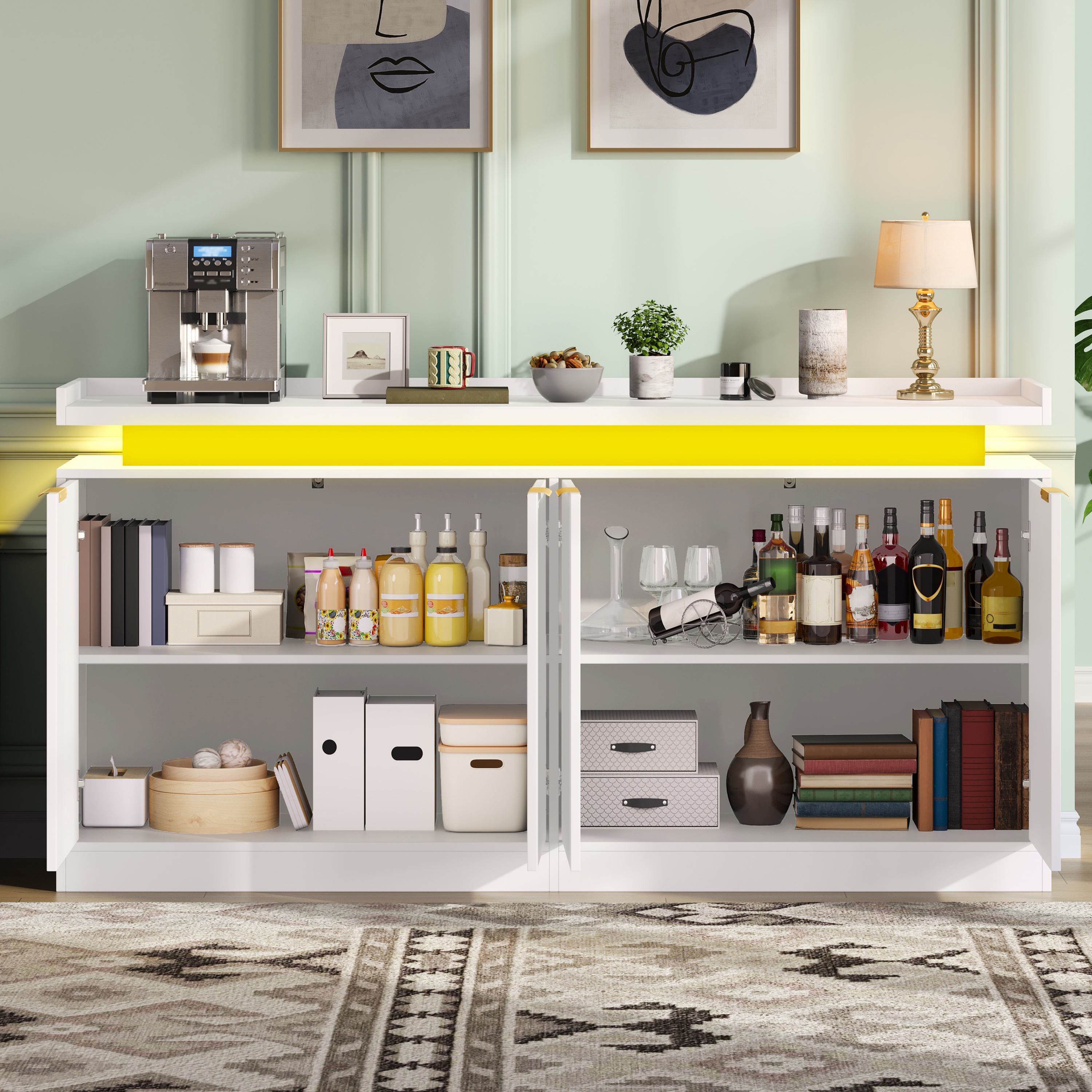 Buffet, rangement intégré, éclairage led, 160 x 39 x 83 cm, MDF, blanc - vue 5