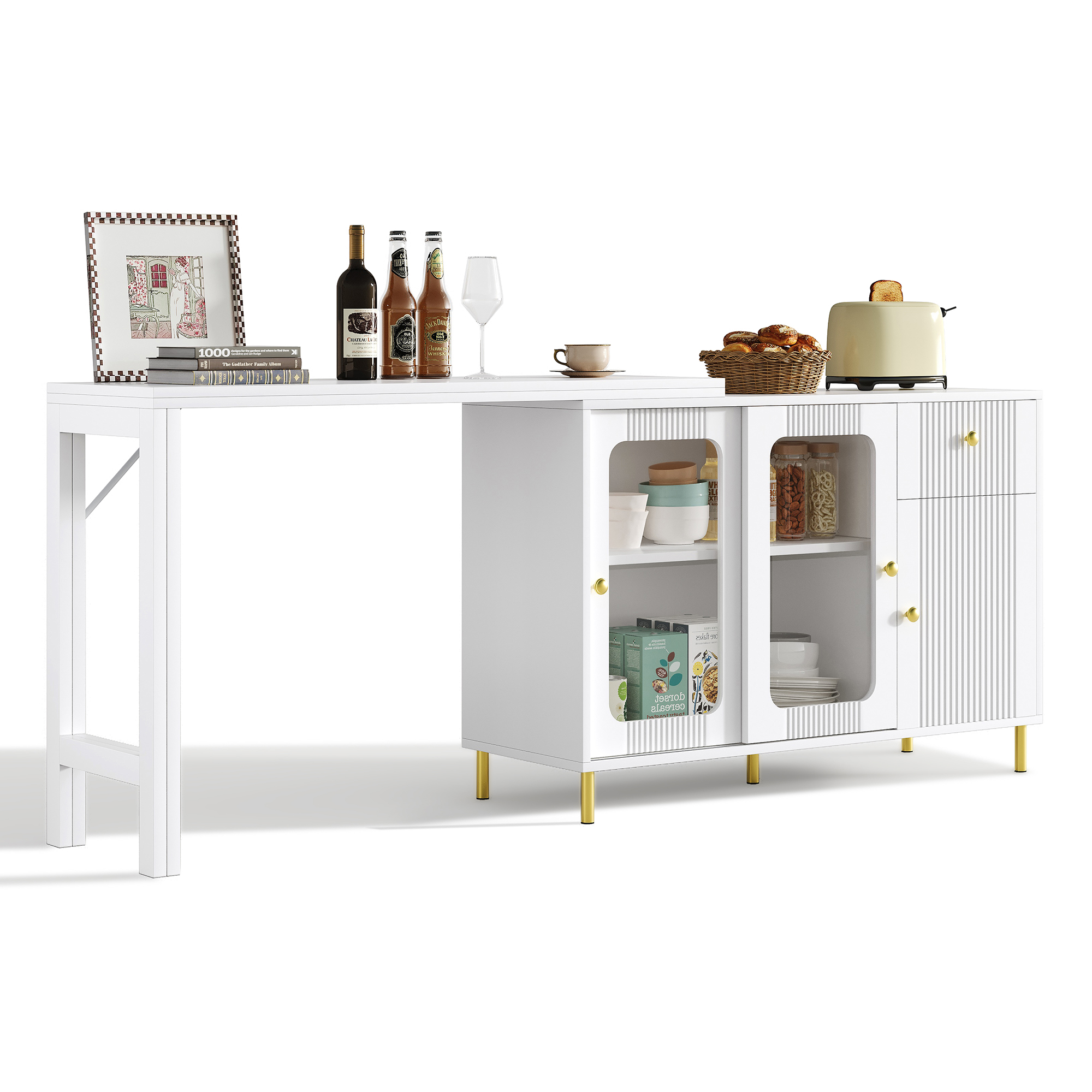 Buffet avec plateau extensible 122×40 à 122×80 cm, armoire blanche pieds métal doré, portes verre trempé, pour salon et salle à manger, design minimaliste, beaucoup de rangement, style élégant, fonctionnalité - image 22
