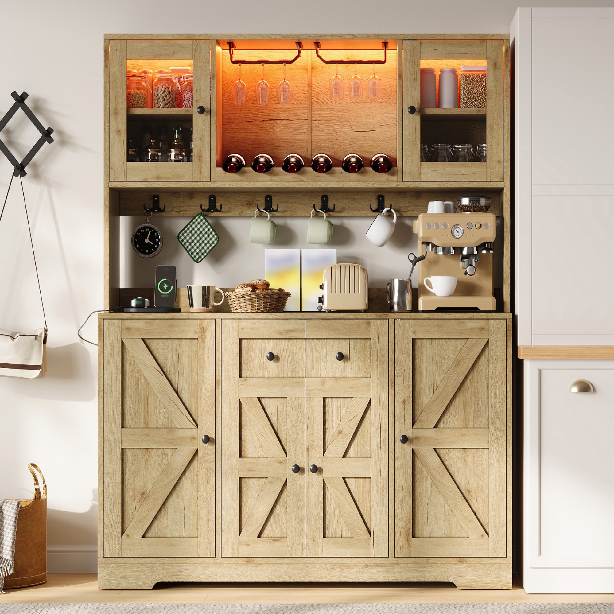 Vitrine, éclairage led, prises et recharge intégrées, éléments en verre, 140 x 40 x 173 cm, verre et MDF, bois naturel - vue 3